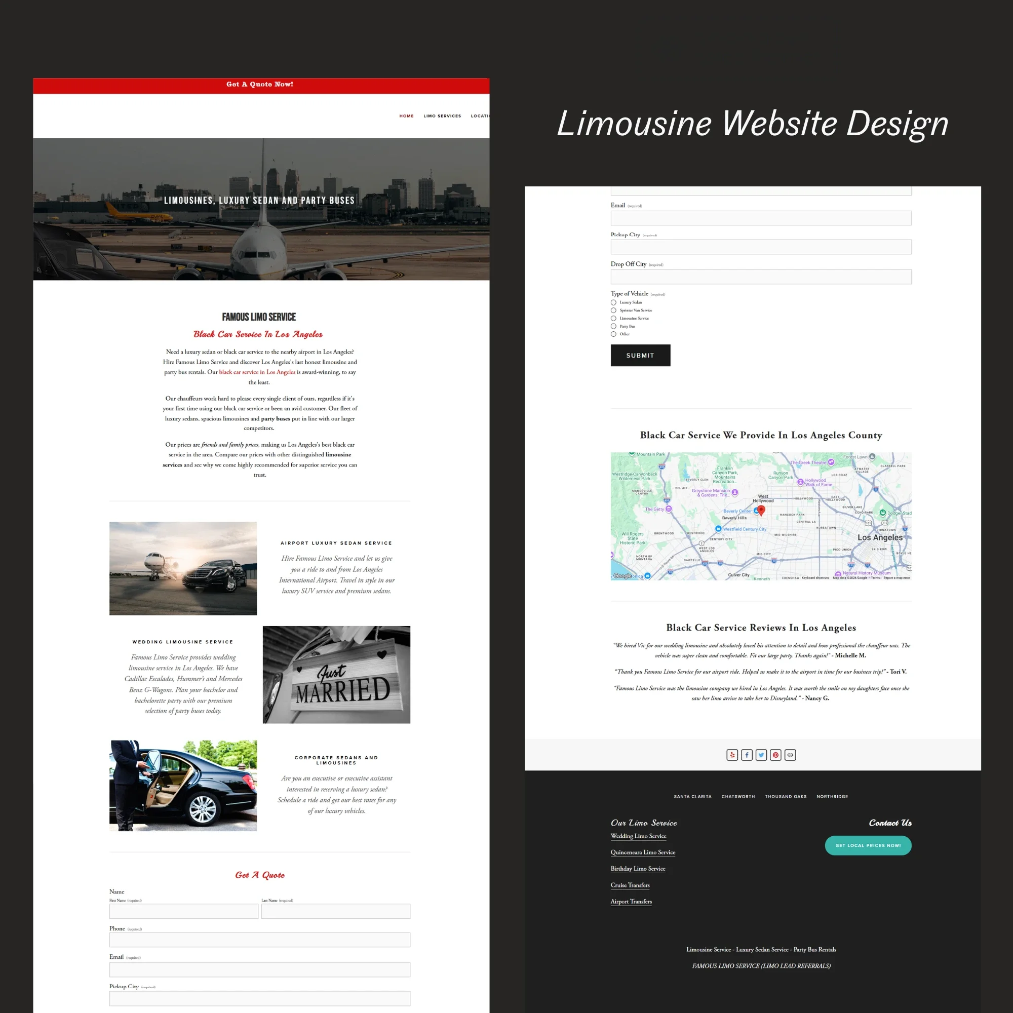 Screenshots of a limousine service website featuring landing pages with images of private jets, luxury cars, and service options for booking luxury transportation in Los Angeles.