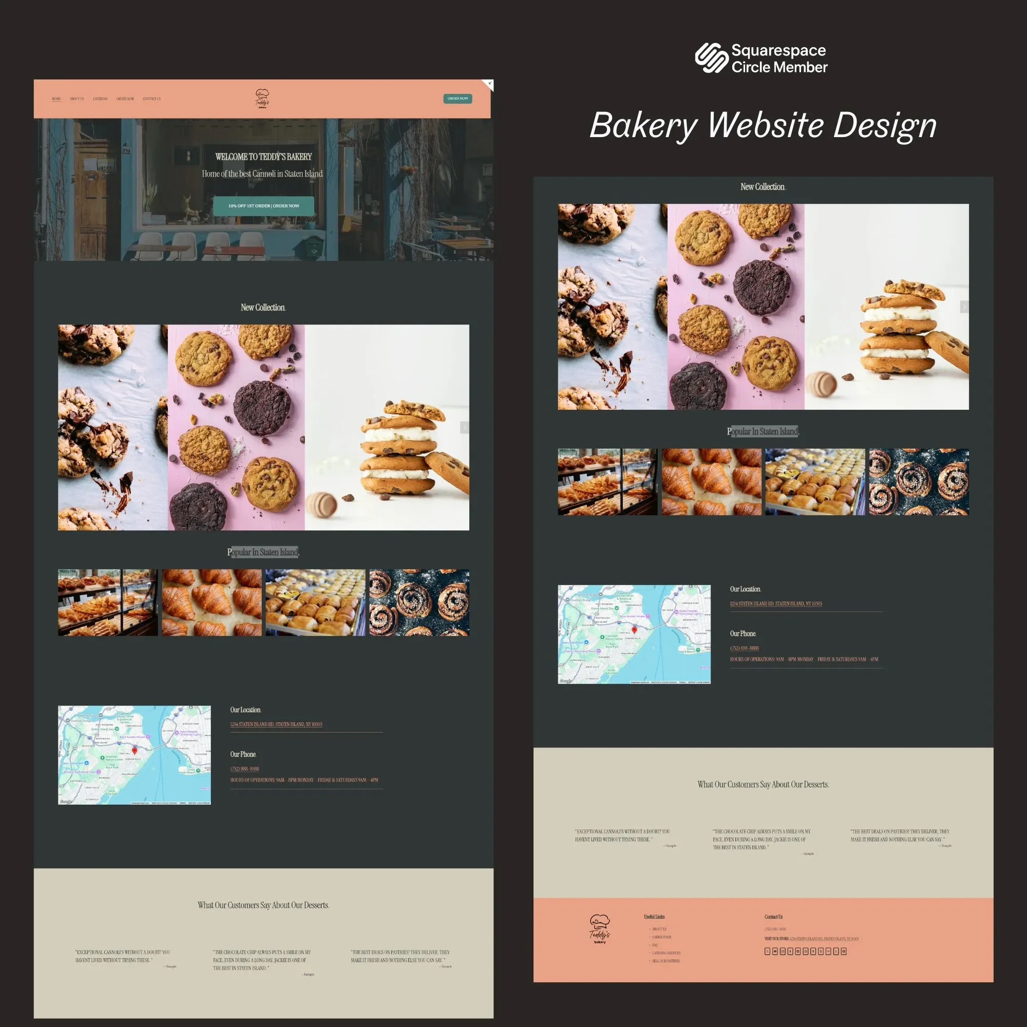 A collage of bakery website designs showcasing images of cookies, croissants, and other baked goods, along with maps, contact information, and customer reviews.