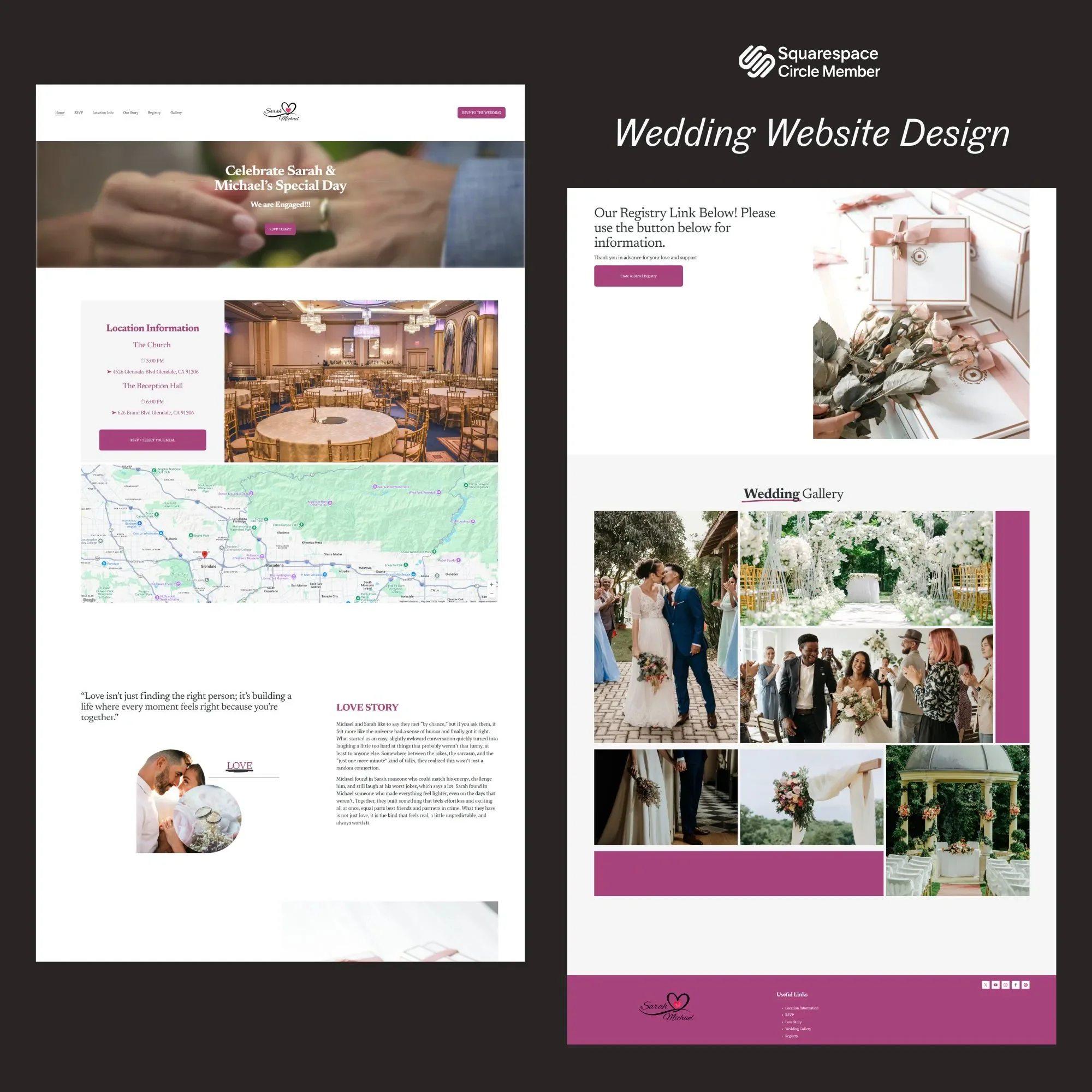 Screenshots of a wedding website design displayed on multiple devices, featuring pictures of the wedding venue, a bride and groom, wedding decorations, and a map of the venue location.