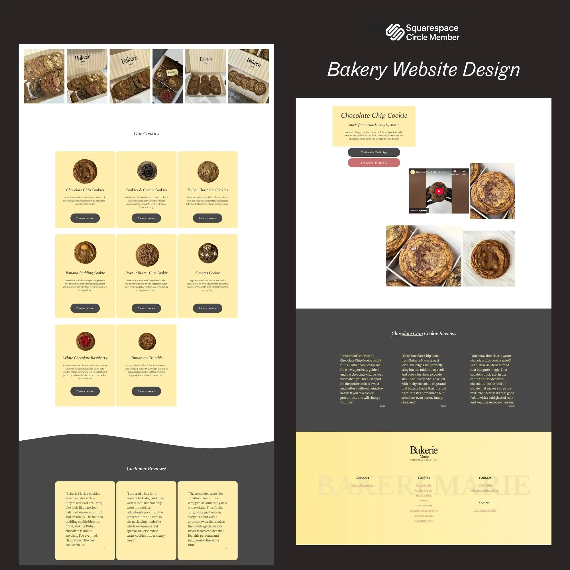 A bakery website homepage featuring images and descriptions of various cookies, including chocolate chip, cream, Dubai chocolate, banana pudding, peanut butter, s'mores, and white raspberry cookies, with options to learn more and schedule pickup or delivery.
