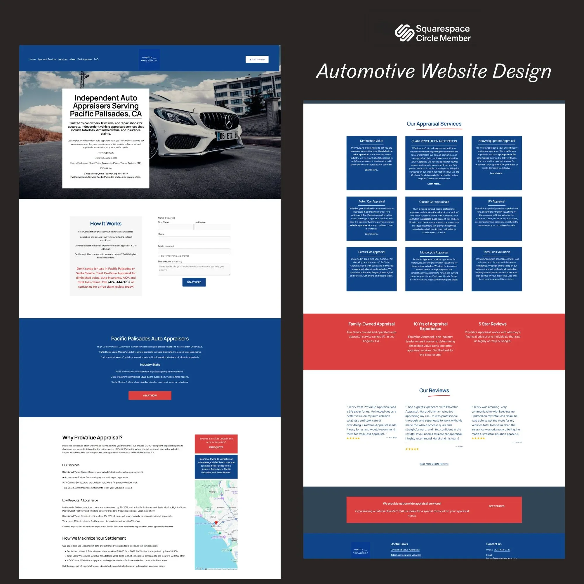 Screenshot of an automotive website design with sections on appraisal services, reviews, and contact information, featuring a large image of a white Mercedes-Benz car parked outdoors.
