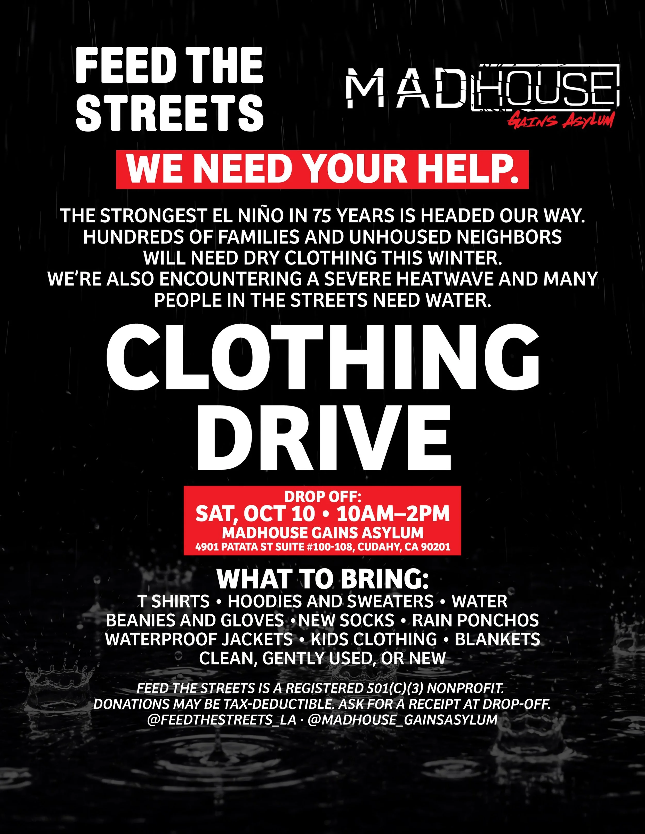 This week we&rsquo;re hosting a clothing drive for families and the unhoused community as winter approaches. Clothing and water go a long way for individuals and families facing food insecurity. Meet us at @madhouse_gainsasylum this Saturday to drop 