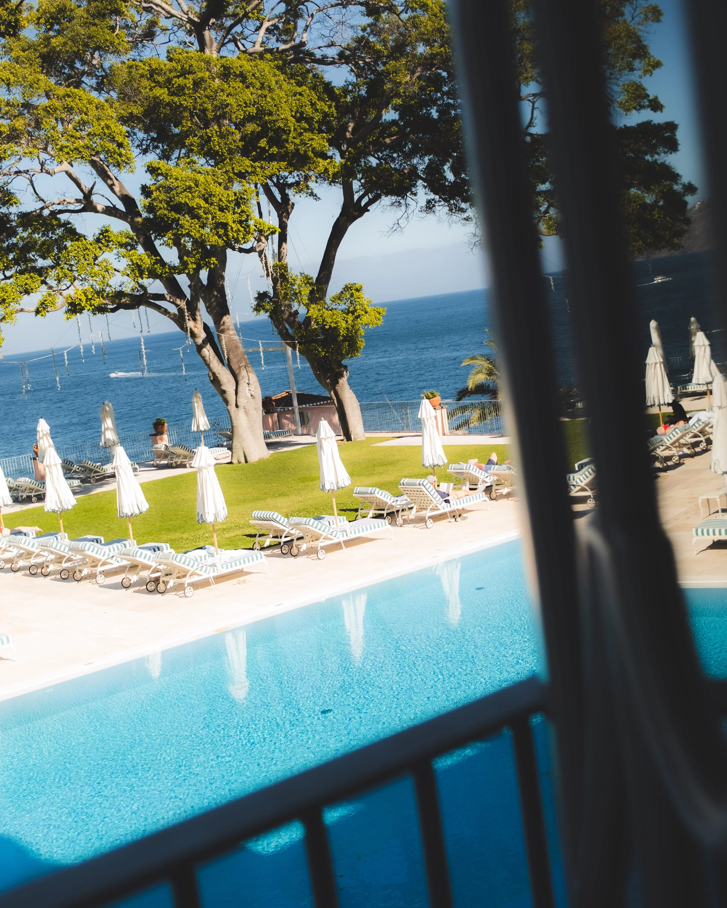 View of a swimming pool with lounge chairs and umbrellas, trees in the background, and the ocean beyond, seen through a window with bars.