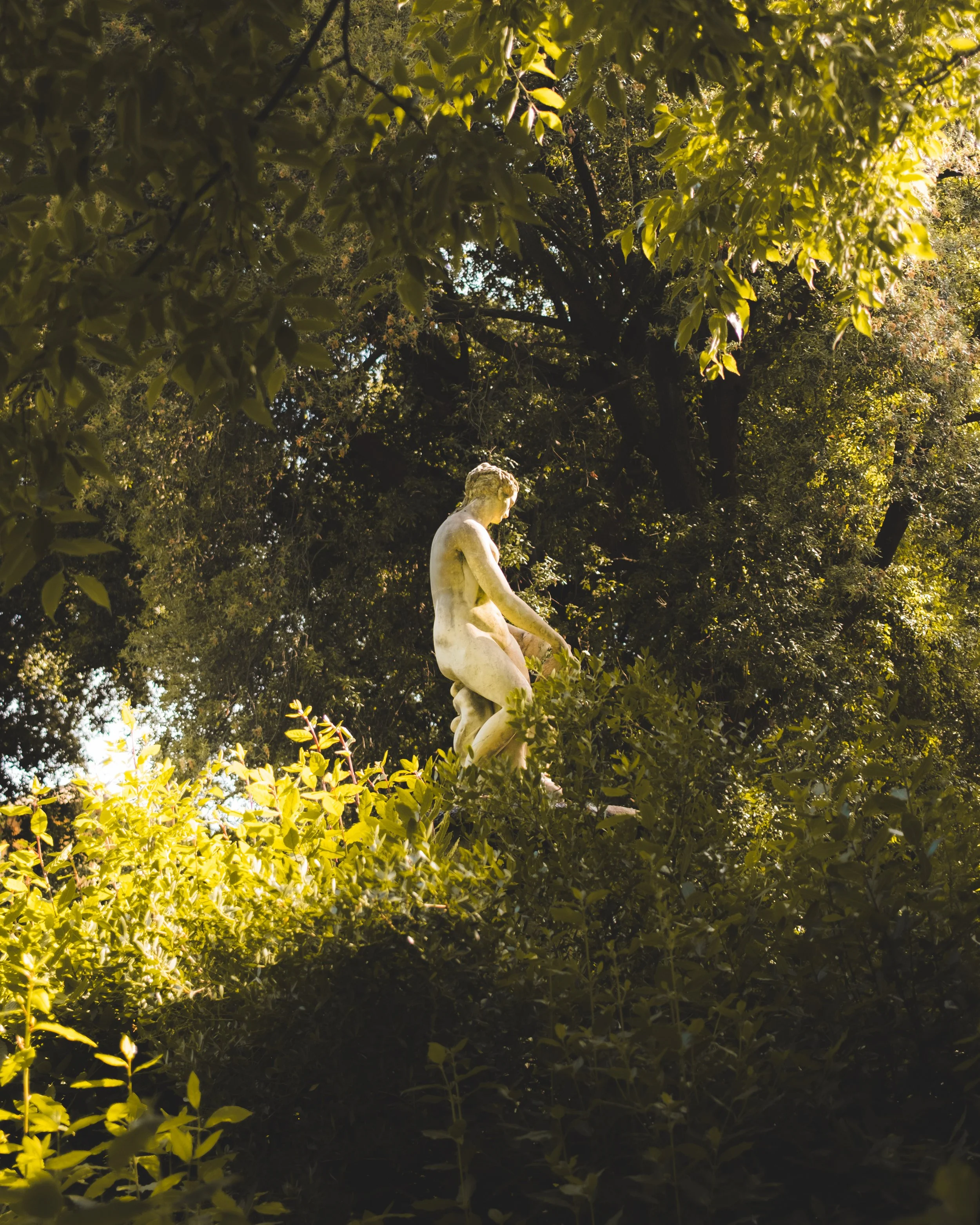 Marble statue of a woman sitting on a tree branch, surrounded by dense green foliage and sunlight filtering through the trees. Lionel Chu - Hotel & Travel Photographer