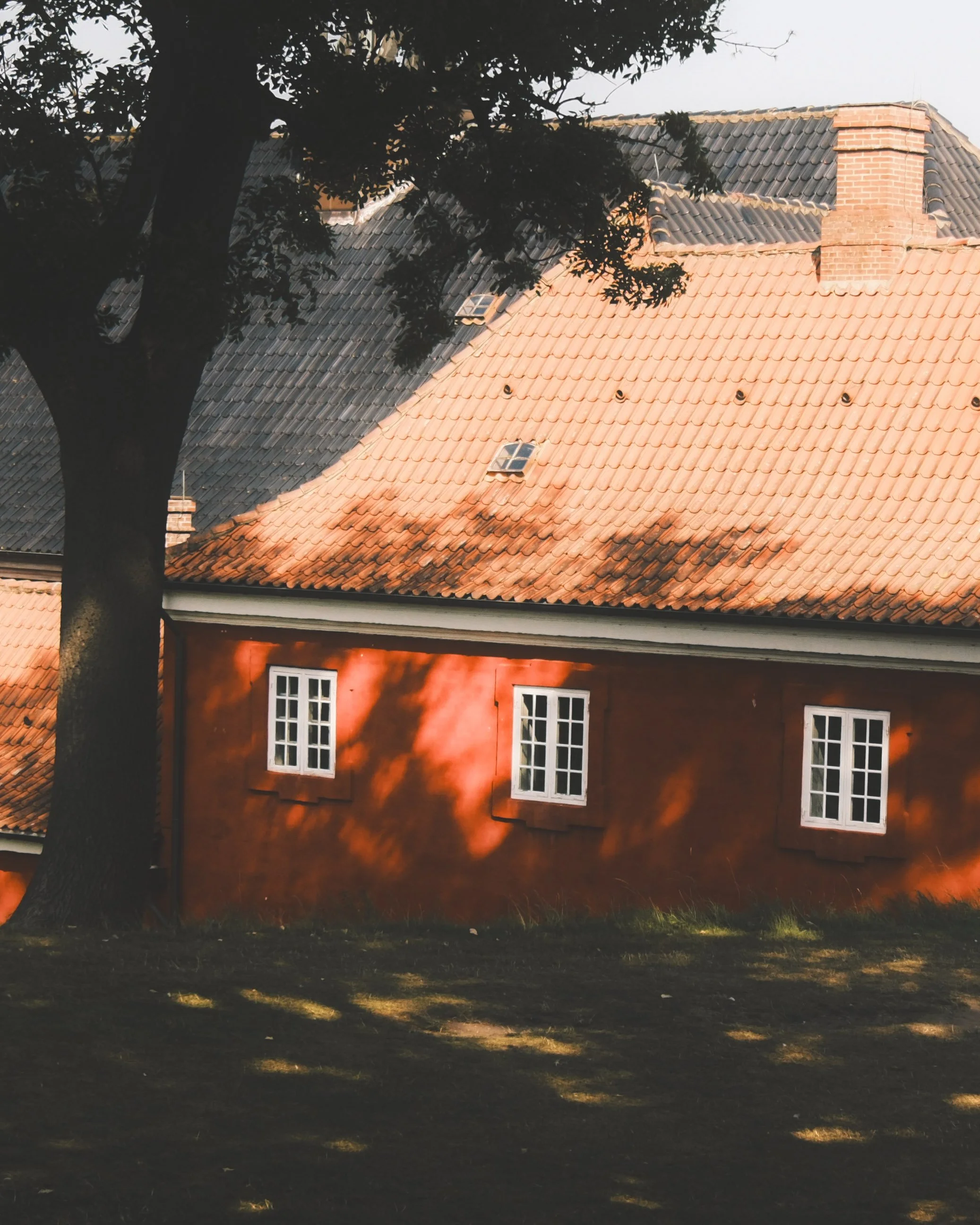 A house with a sloped roof covered in red and dark grey tiles, two windows with white frames, a brick chimney, and a large tree casting shadows on the ground in front of the house.