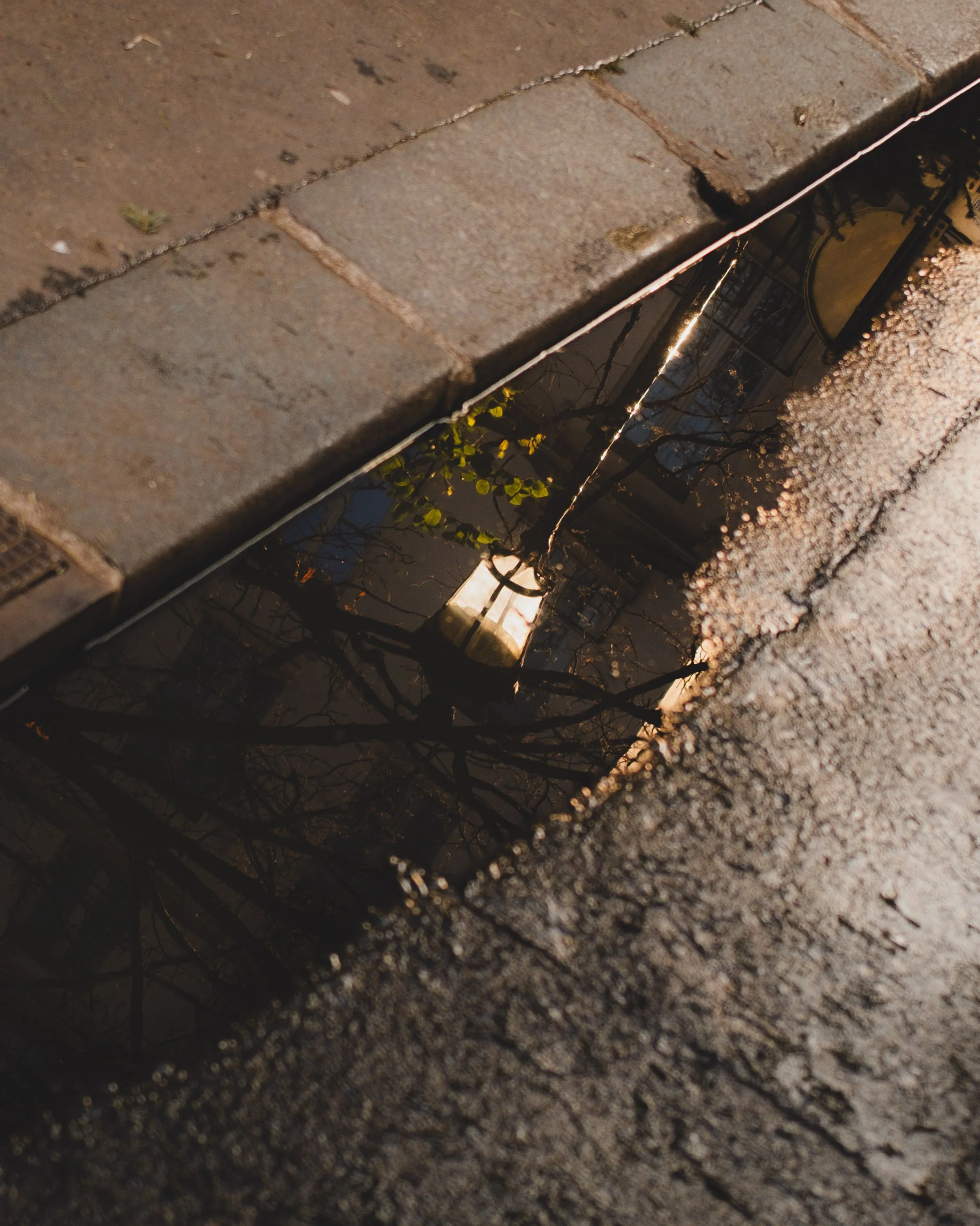 Puddle on a street reflecting a Parisian public light and buildings. Lionel Chu - Hotel & Travel Photographer.