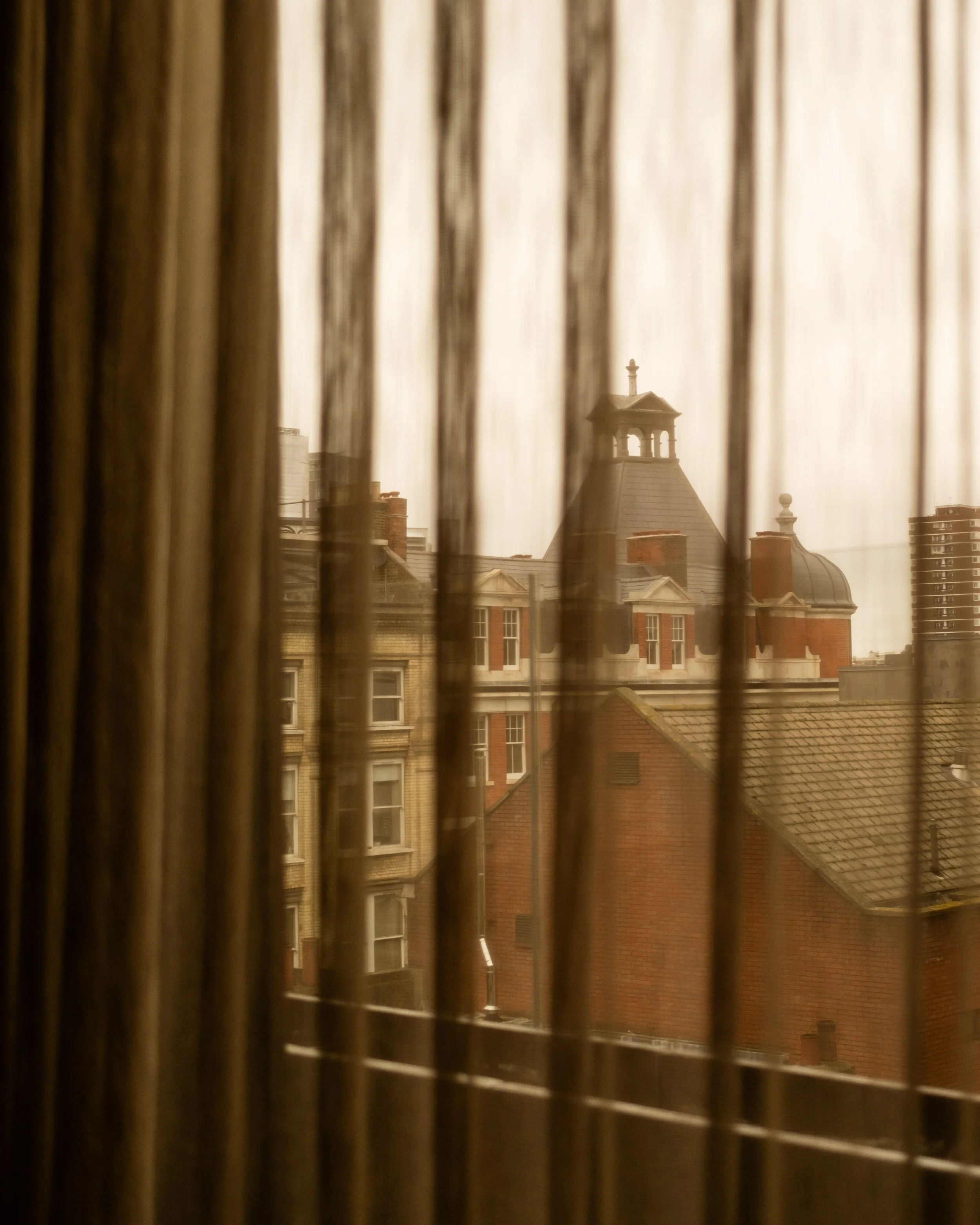 View of city rooftops and a domed building seen through window blinds. Lionel Chu - Hotel & Travel Photographer