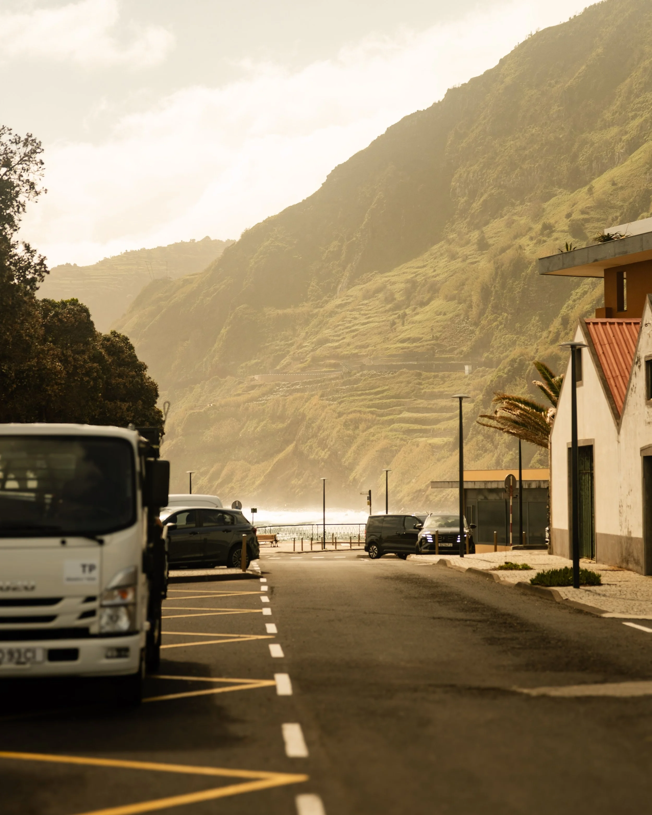 A street on a cloudy day with a mountain in the background, several parked cars, and a few buildings and street lamps in the foreground.