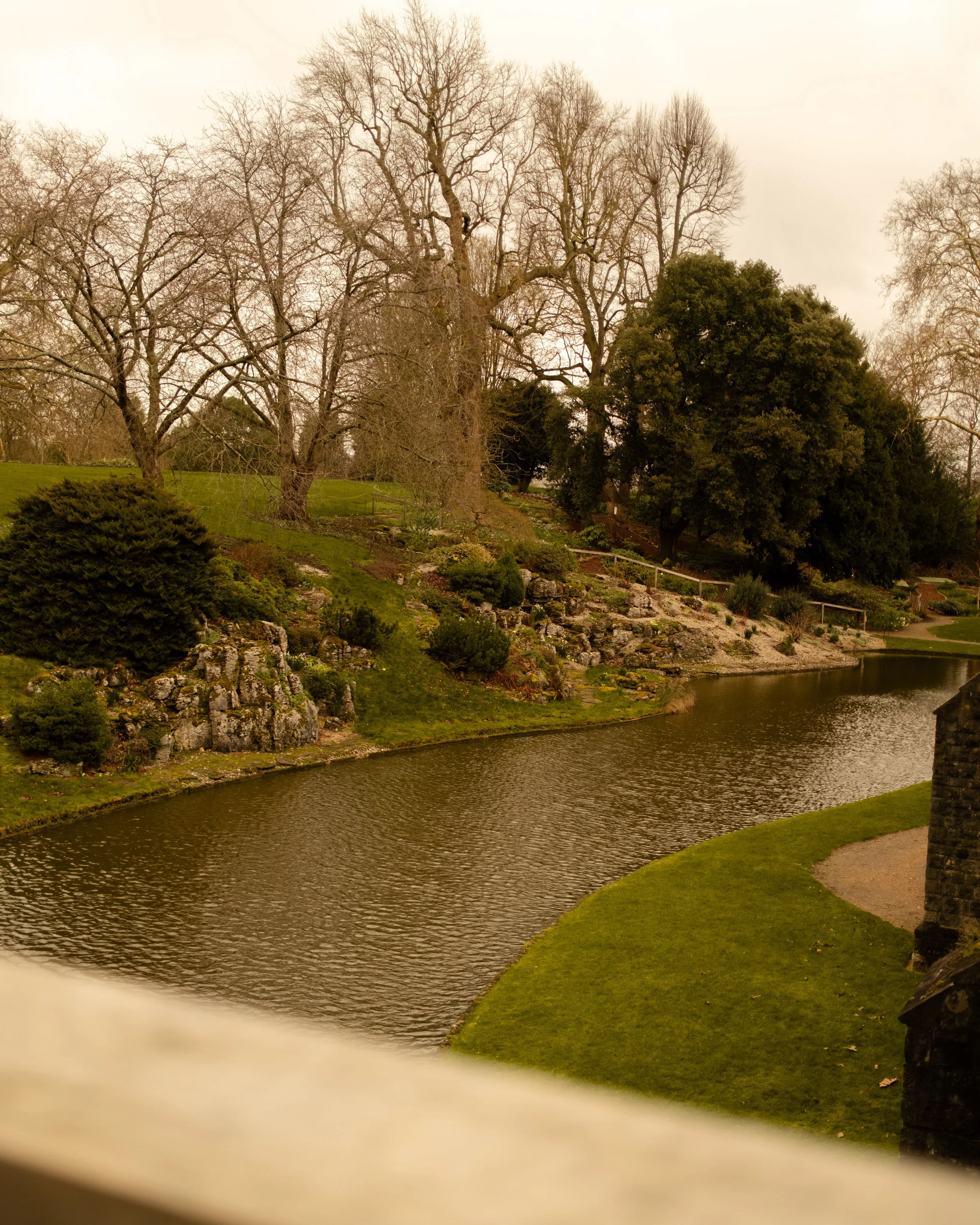 Scenic view of a river with grassy banks, trees, and rocks, under an overcast sky. Lionel Chu - Hotel & Travel Photographer