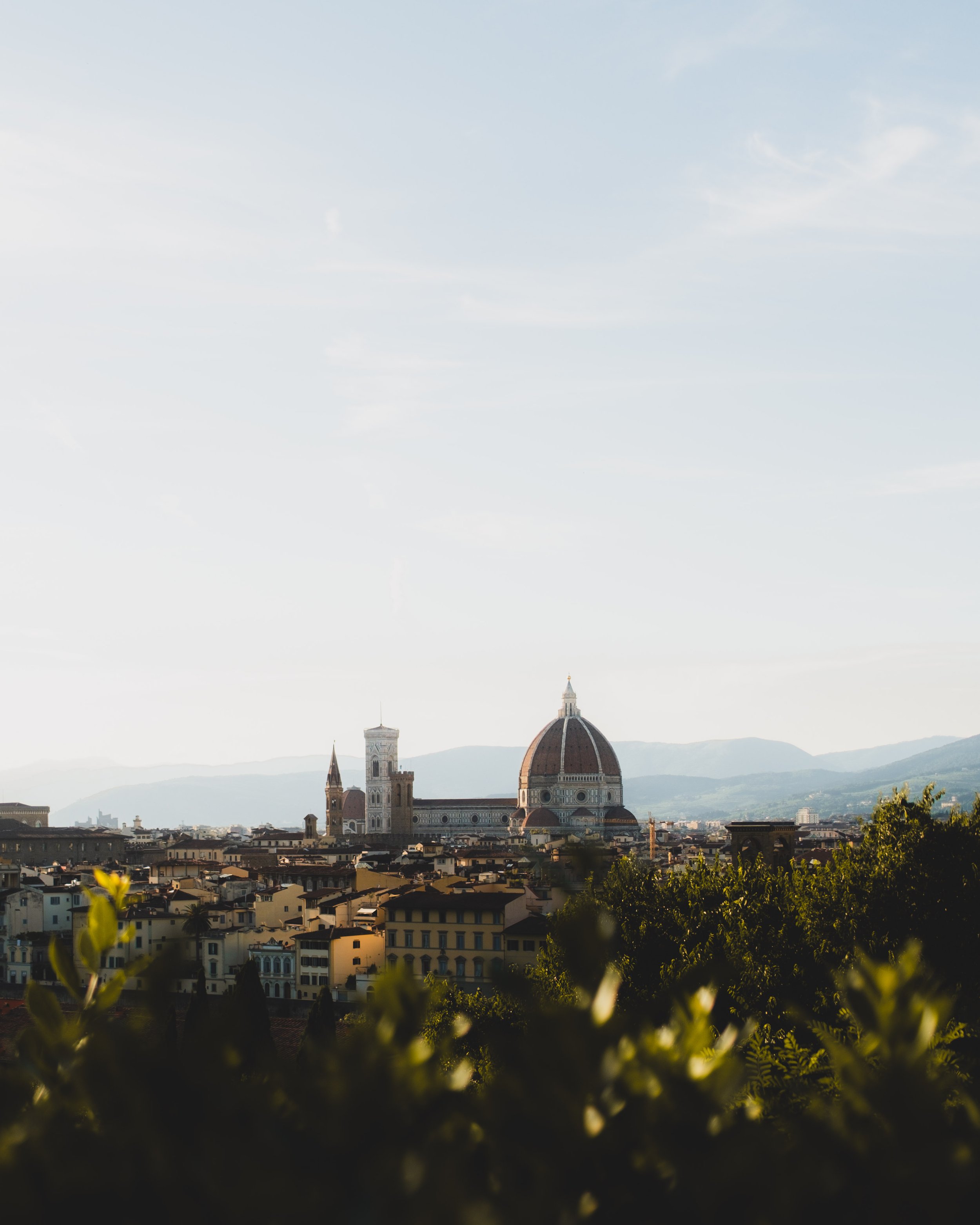 City skyline with Florence Cathedral's dome and bell tower at sunset, with green foliage in the foreground and mountains in the background. Lionel Chu - Hotel & Travel Photographer