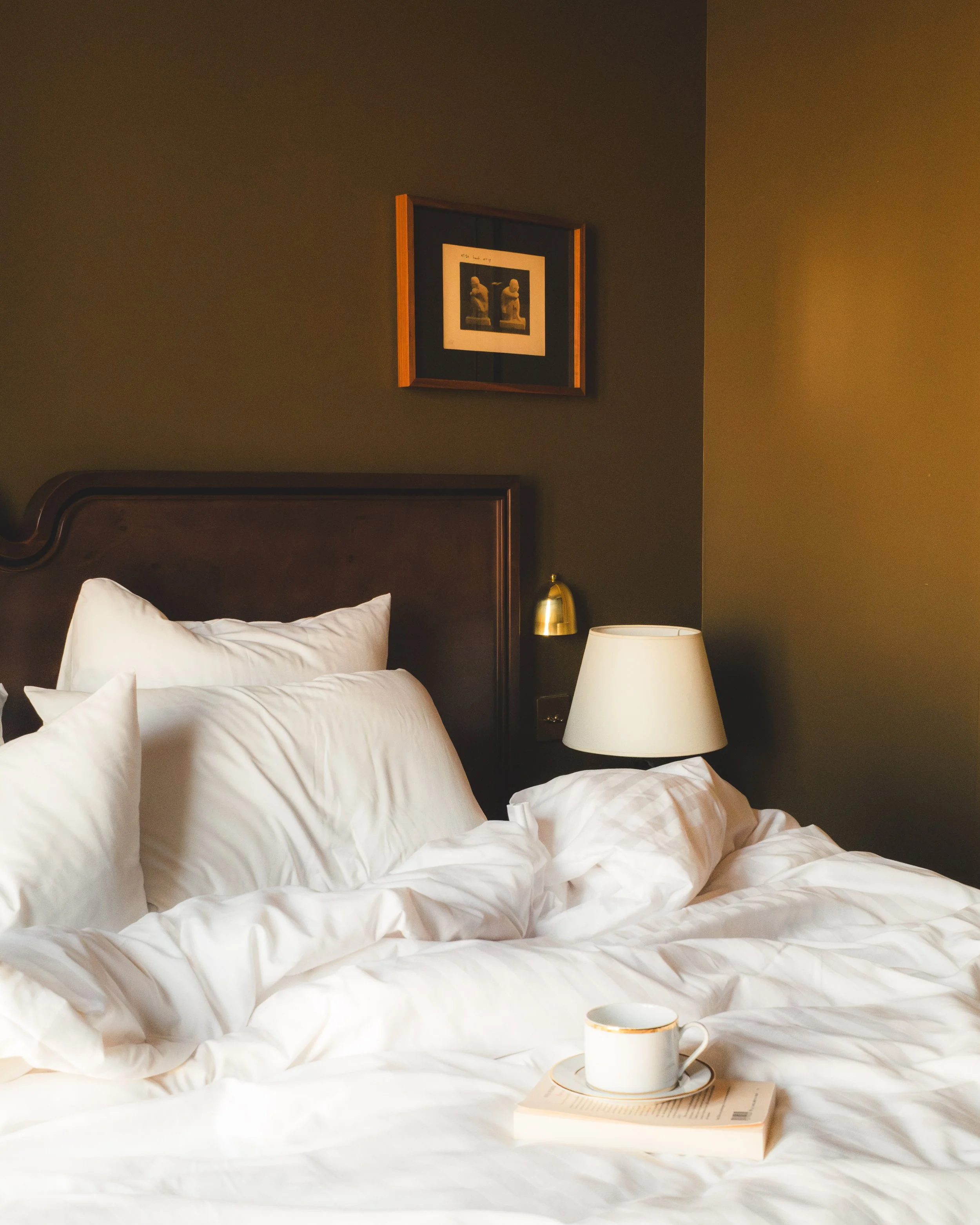 A neatly made bed with white pillows and sheets, featuring a framed picture of two ancient sculptures on the dark-colored wall behind. Beside the bed, a white lampshade on a nightstand and a gold-colored wall lamp are visible. A mug and a book are placed on the bed.