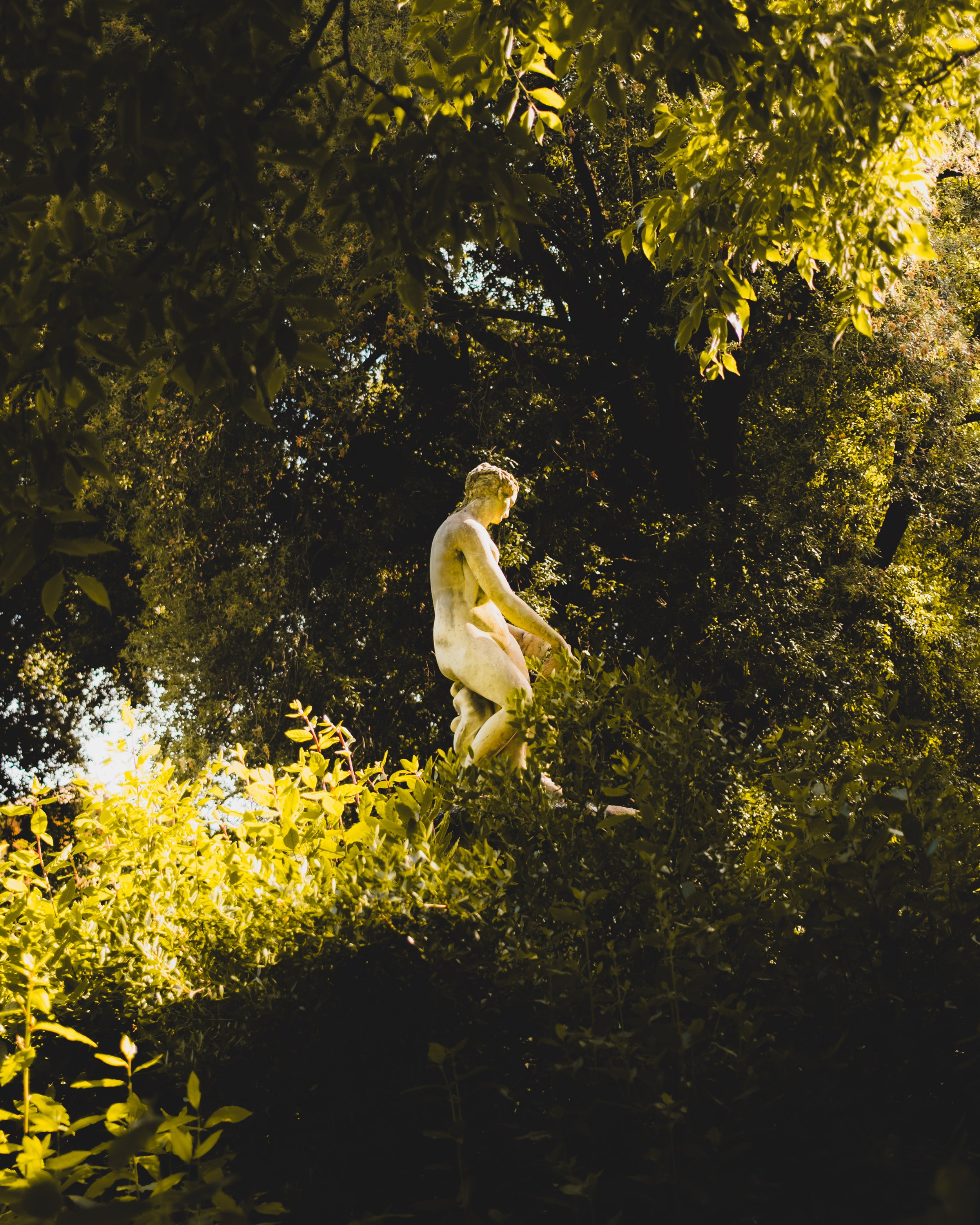 Marble statue of a woman sitting on a tree branch, surrounded by dense green foliage and sunlight filtering through the trees. Lionel Chu - Hotel & Travel Photographer