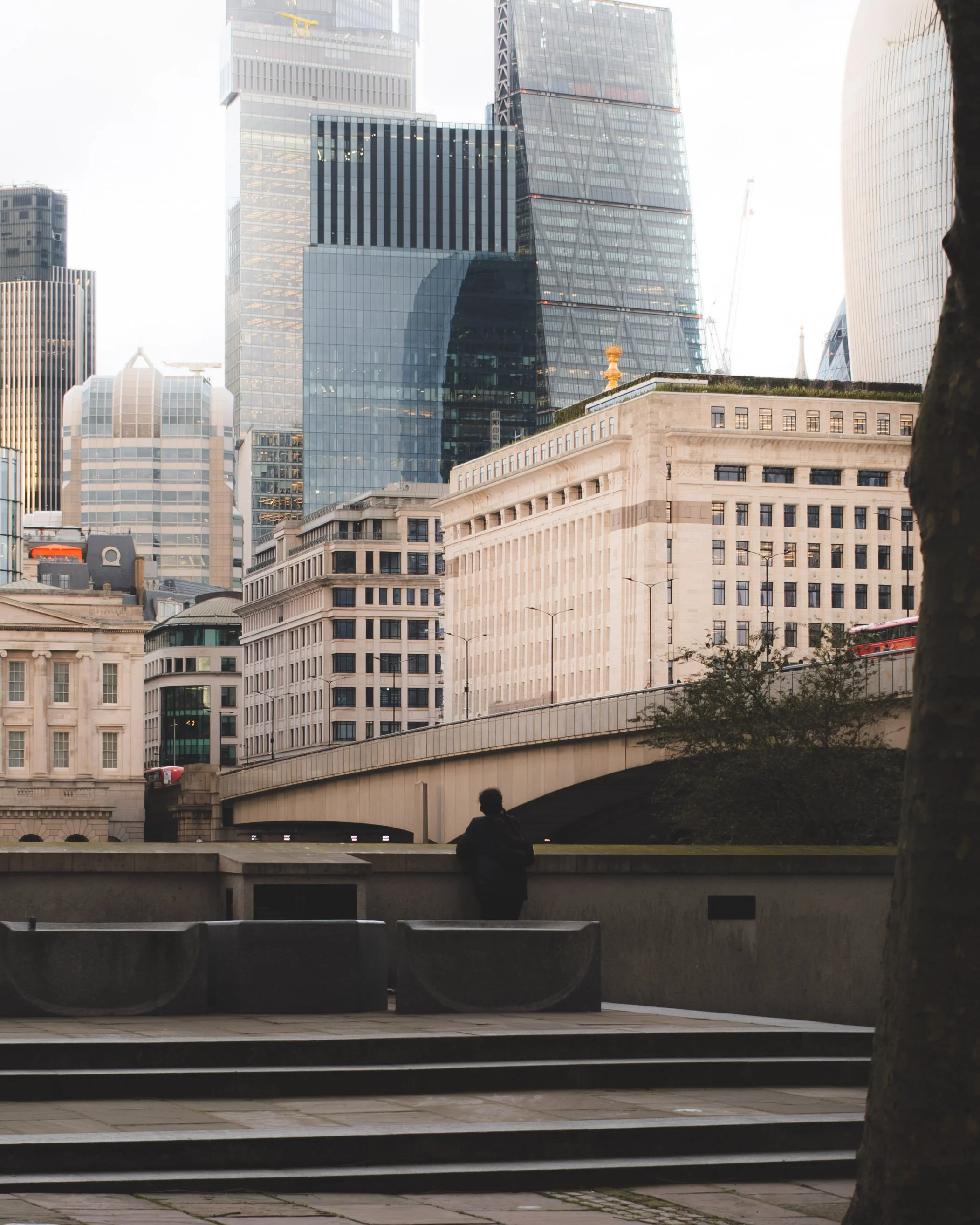 Person sitting on a raised ledge in a city park, overlooking tall modern skyscrapers and historic buildings in an urban downtown area.