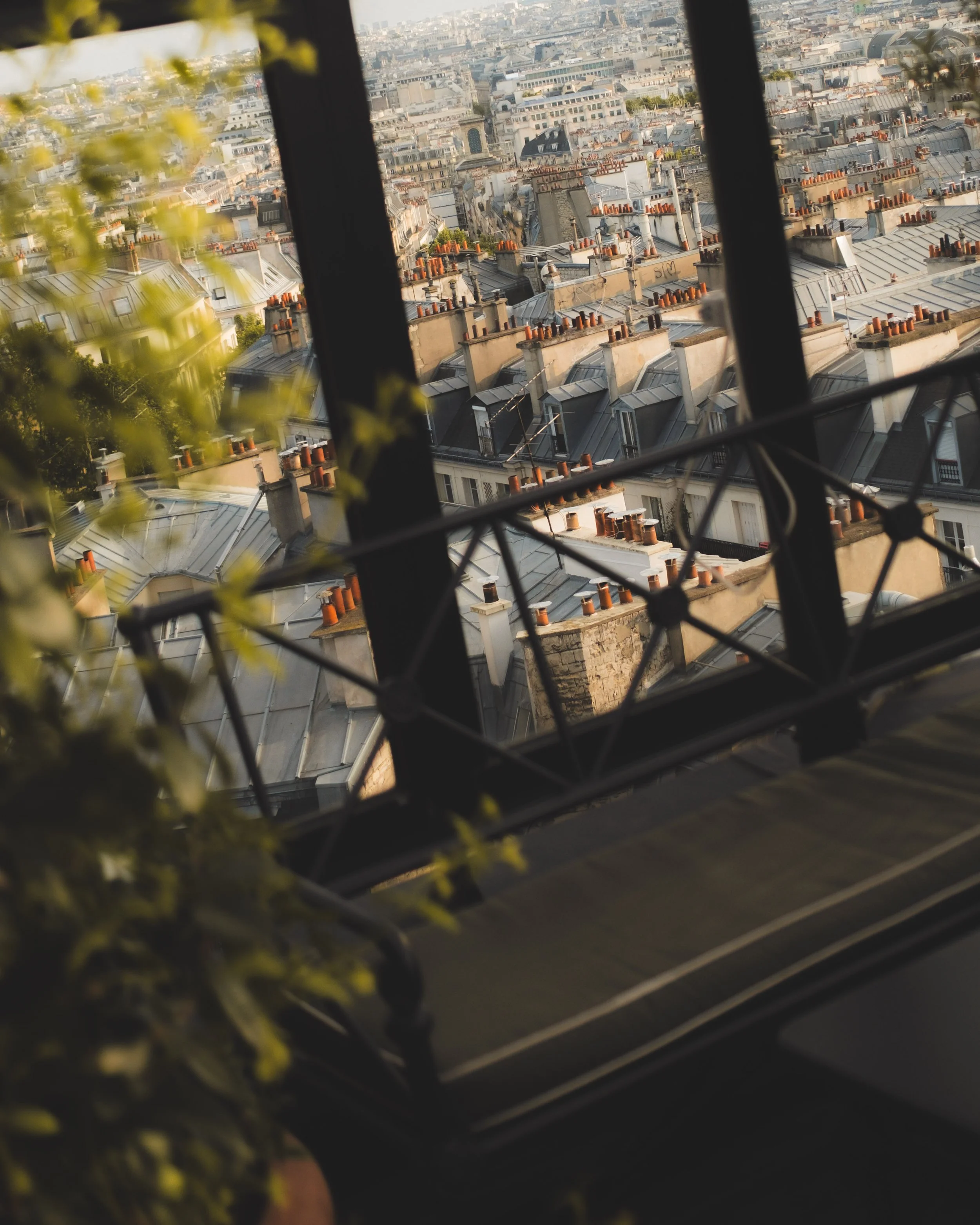 View of Paris rooftops with chimneys and gray roofs, taken from a window with black bars, some yellow foliage blurred in the foreground.
