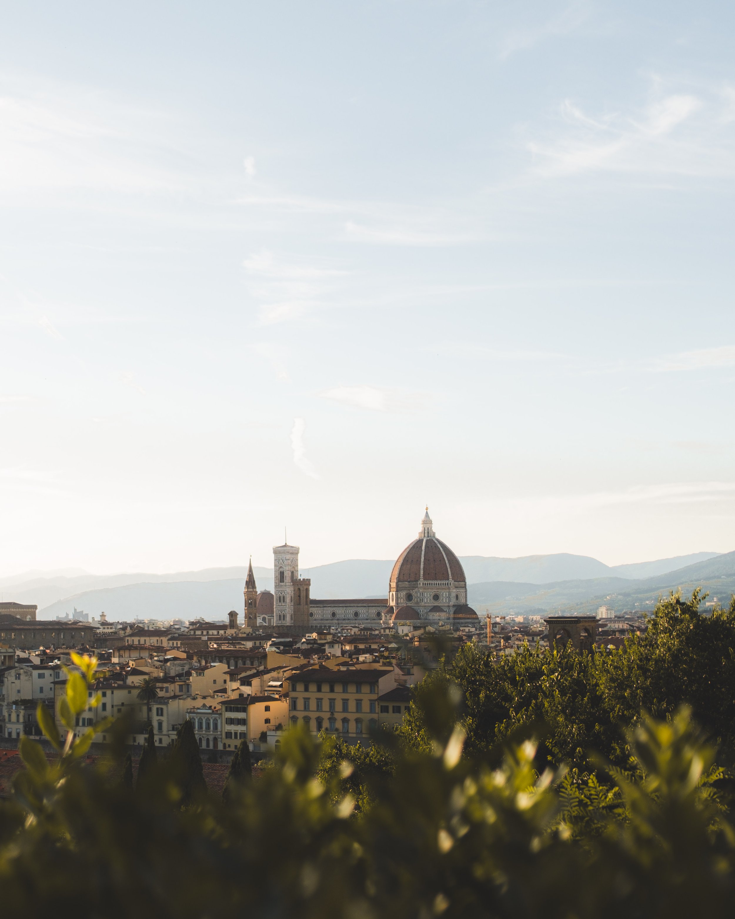 City skyline with Florence Cathedral's dome and bell tower at sunset, with green foliage in the foreground and mountains in the background. Lionel Chu - Hotel & Travel Photographer