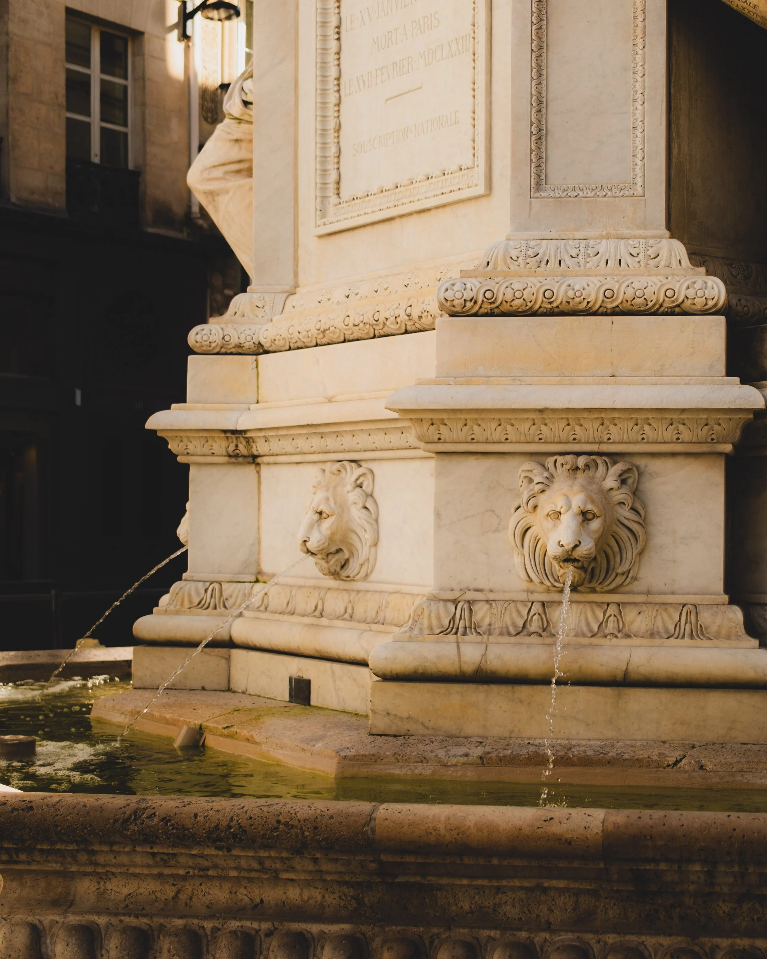Close-up of a historic stone fountain with lion head sculptures from which water flows, set against a backdrop of old buildings. Lionel Chu - Hotel & Travel Photographer