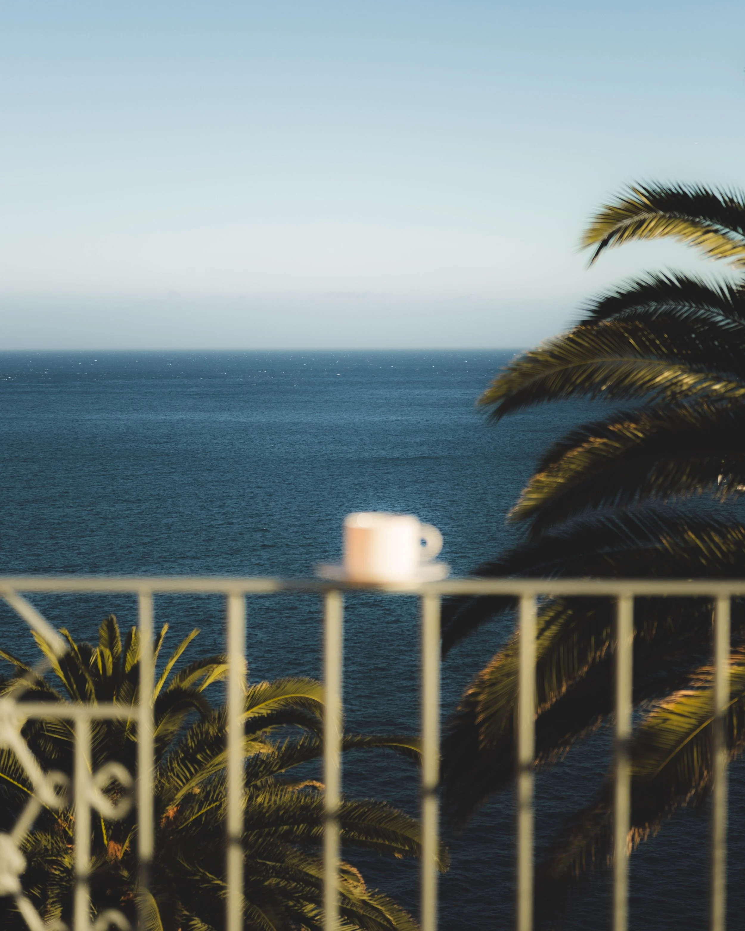 Ocean view with palm trees, a white balcony railing, a coffee mug in the foreground, and a clear blue sky.