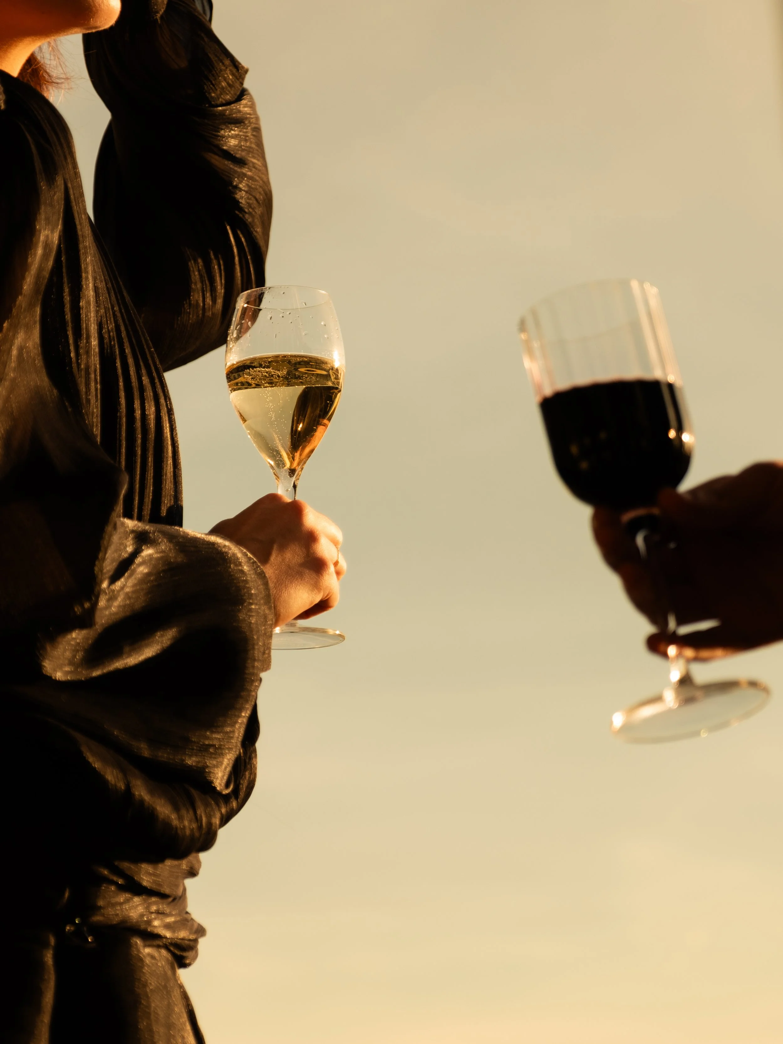 Close-up of two people holding glasses of wine, one with white wine and the other with red wine, against a warm sunset background.
