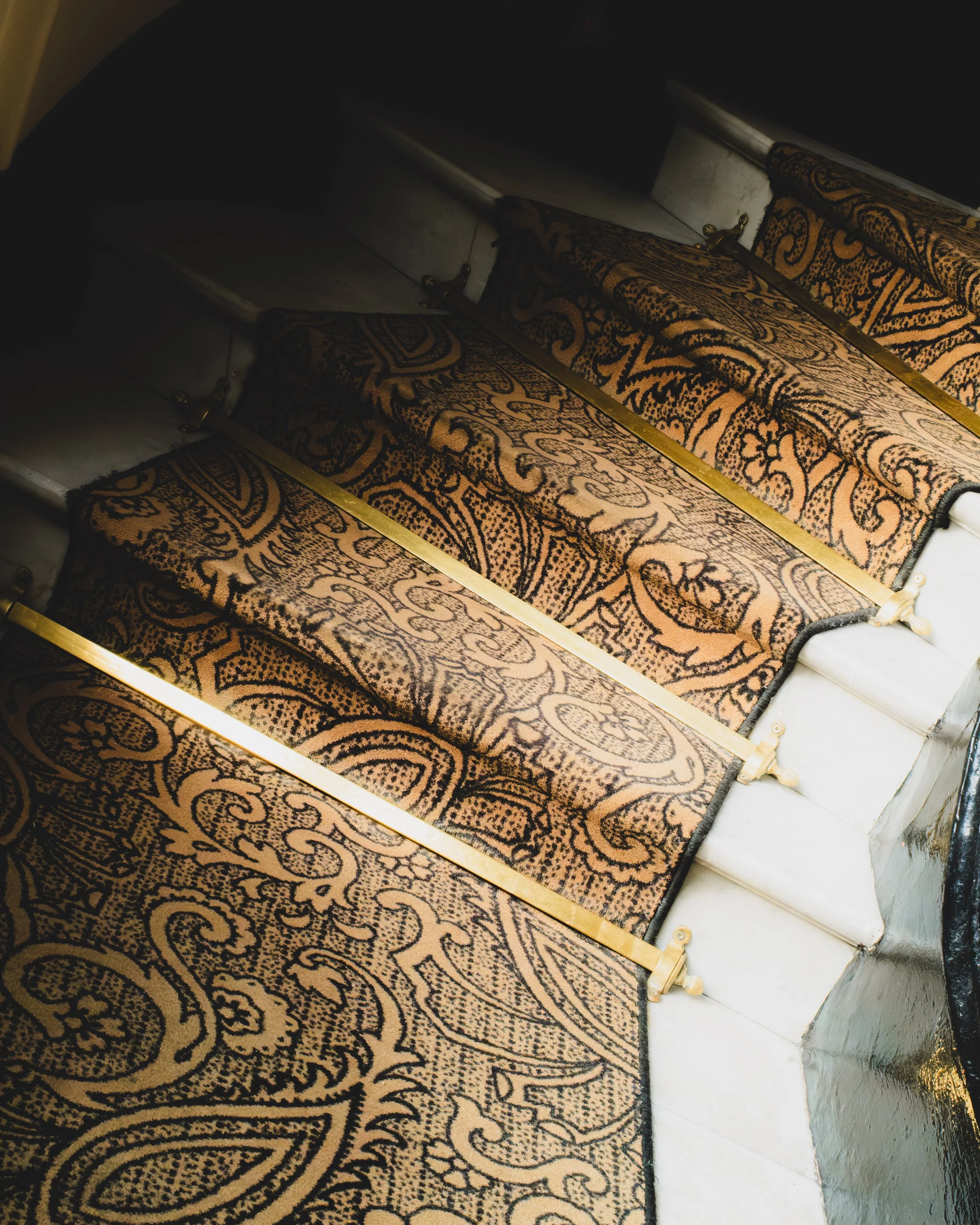 A glimpse of a hotel stairwell with a patterned carpet on the steps.