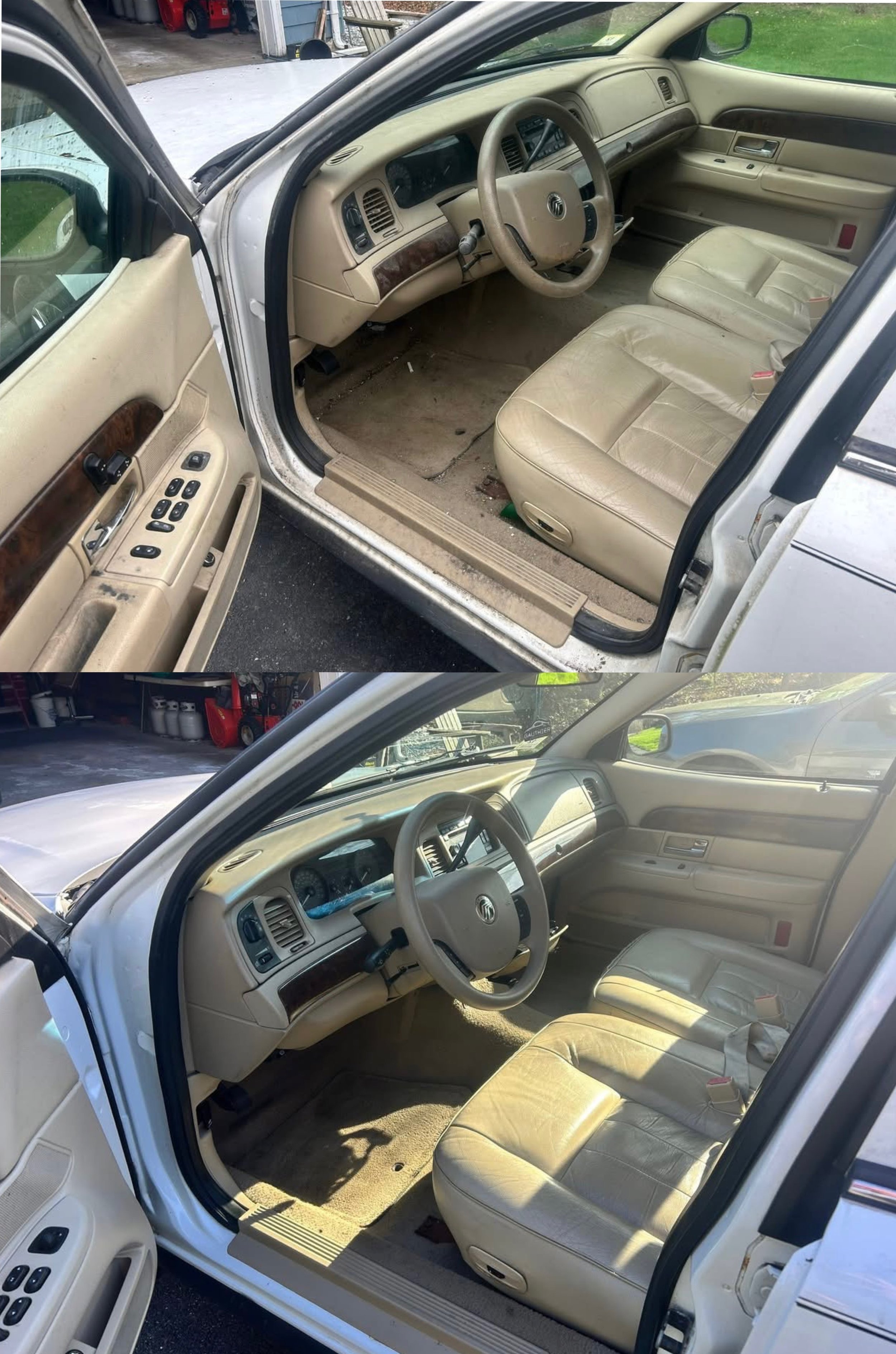 Before and after images of a car interior, showing cleaning progress. In the first image, the car seats and floor are dirty; in the second, they are clean and bright.