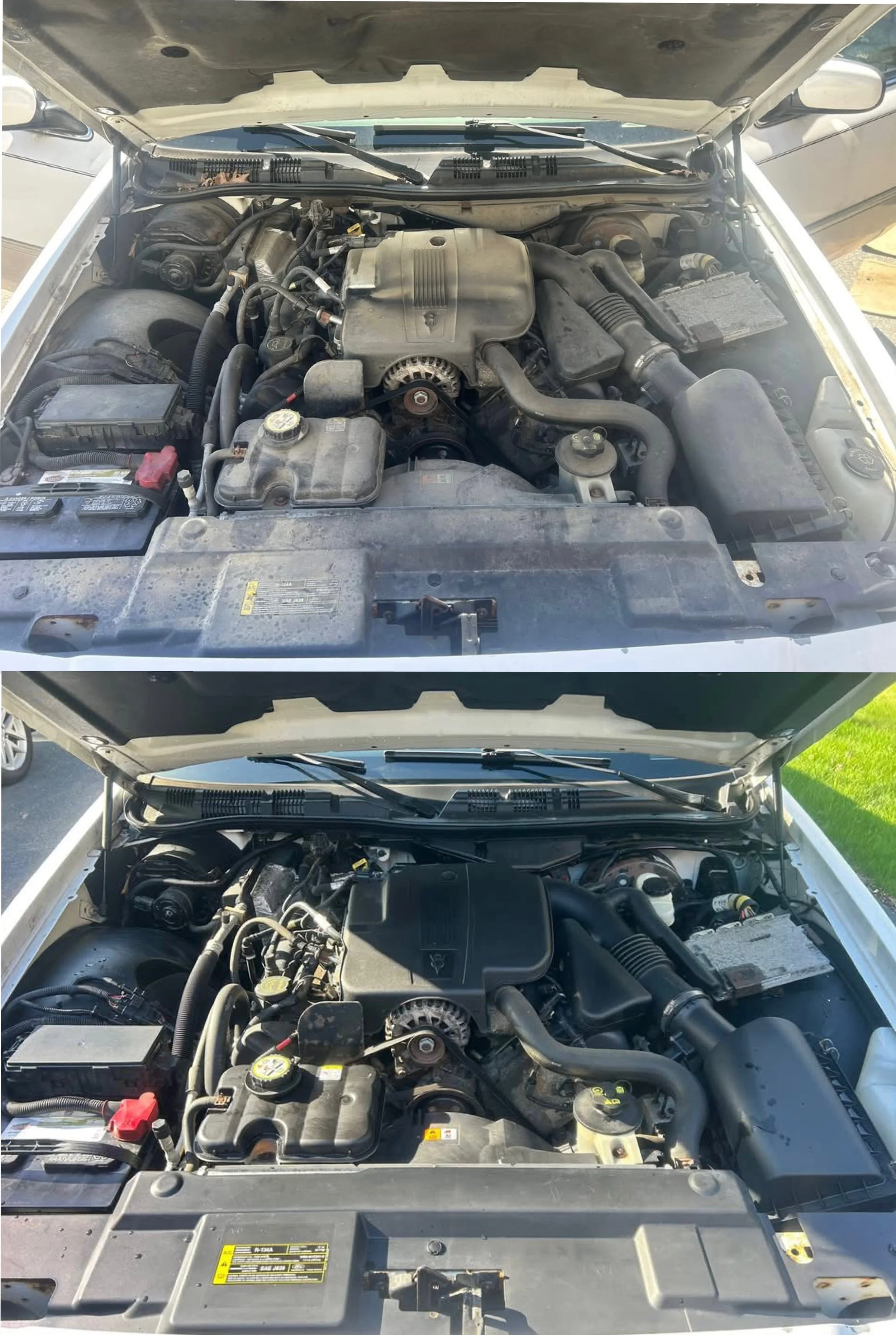 Comparison of two car engines, showing a dirty engine in the top image and a clean engine in the bottom image.