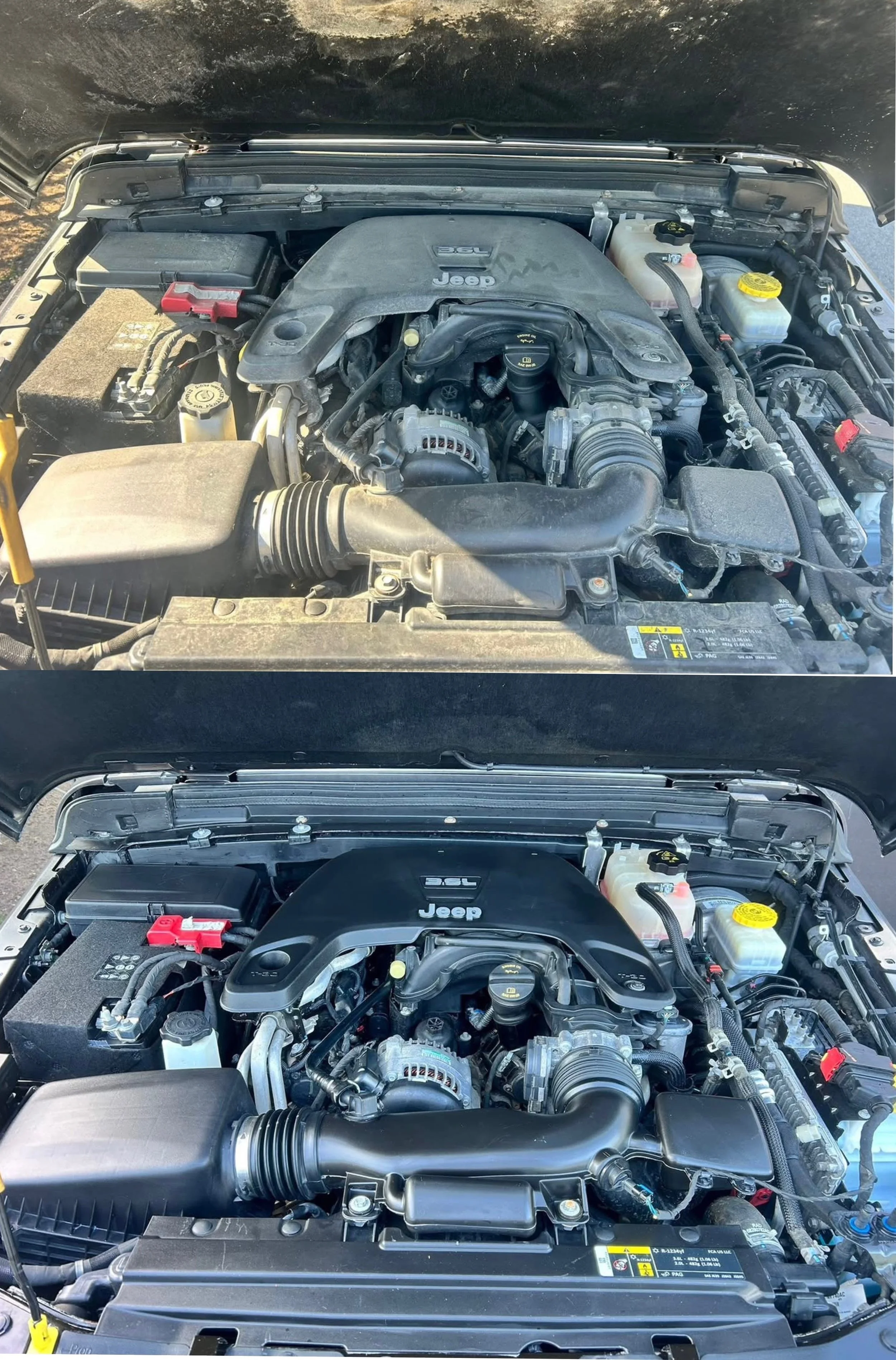Comparison of a Jeep engine before and after a cleaning or modification, showing a dirty engine in the top image and a clean, updated engine cover in the bottom image.