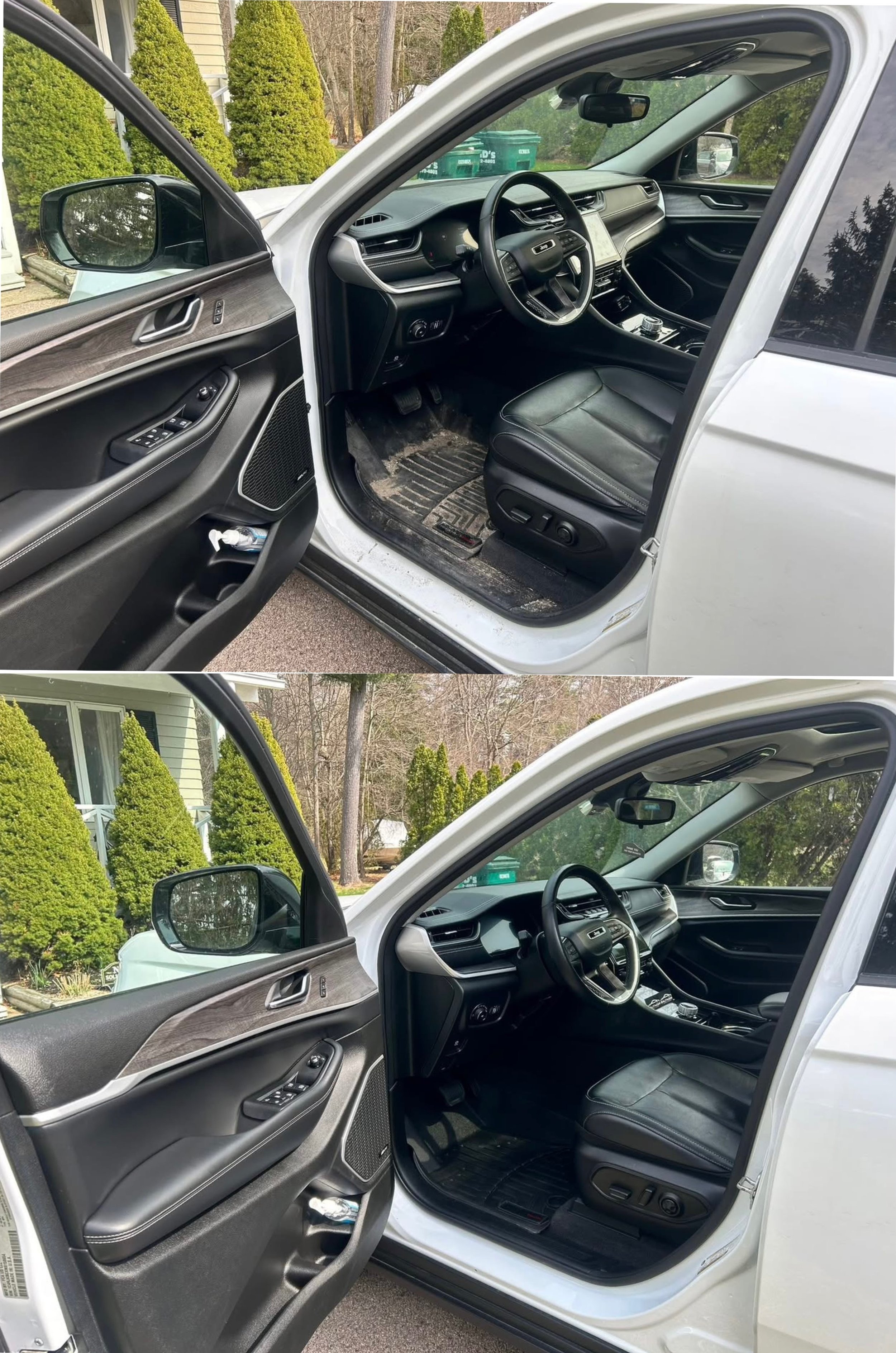 Comparison of car interior before and after cleaning, showing the driver's side and front seat area with dirt and cleanliness differences.