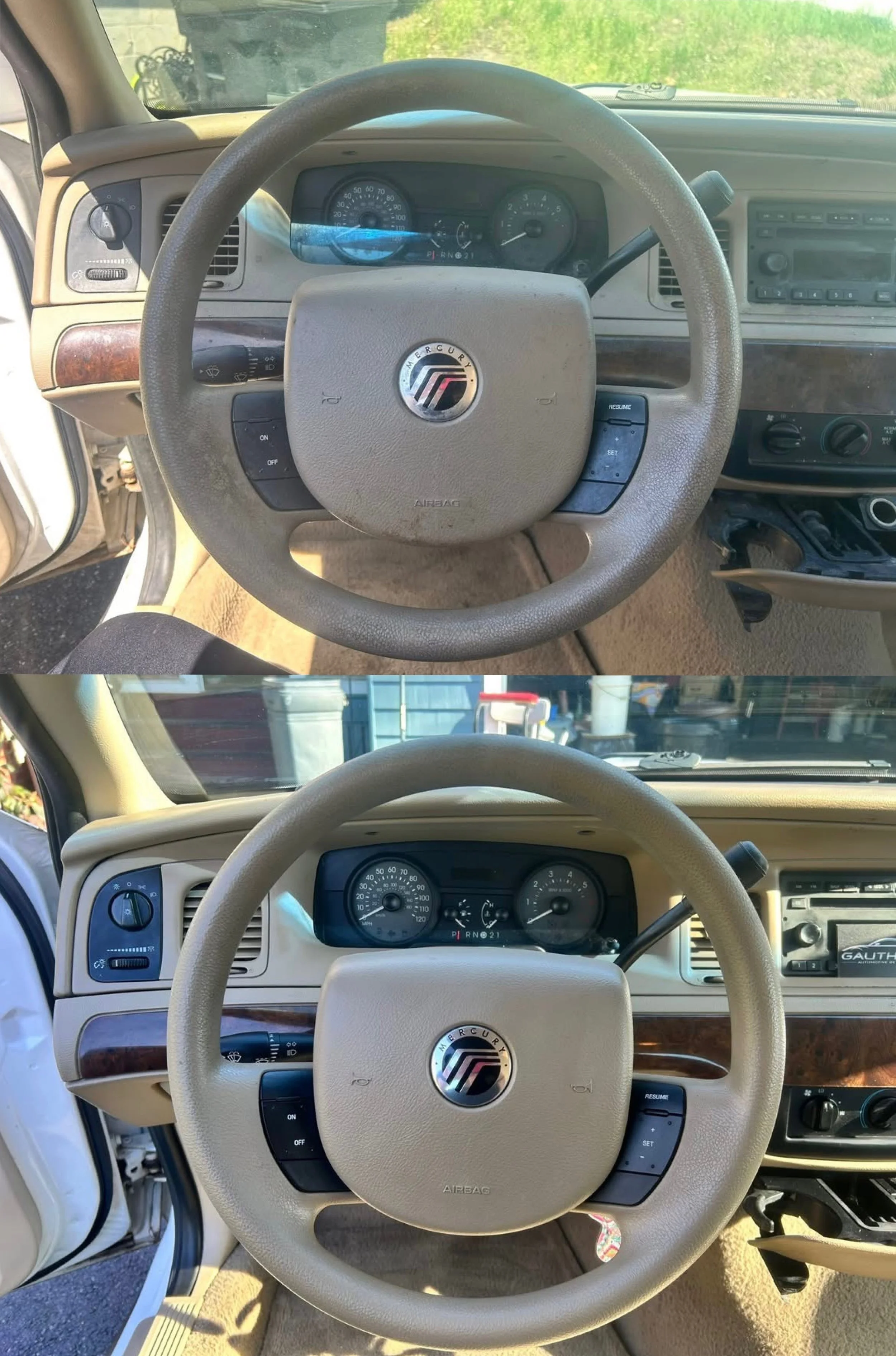 Comparison of the dashboards and steering wheels of two vehicles, showing the difference in gauges, controls, and interior design.
