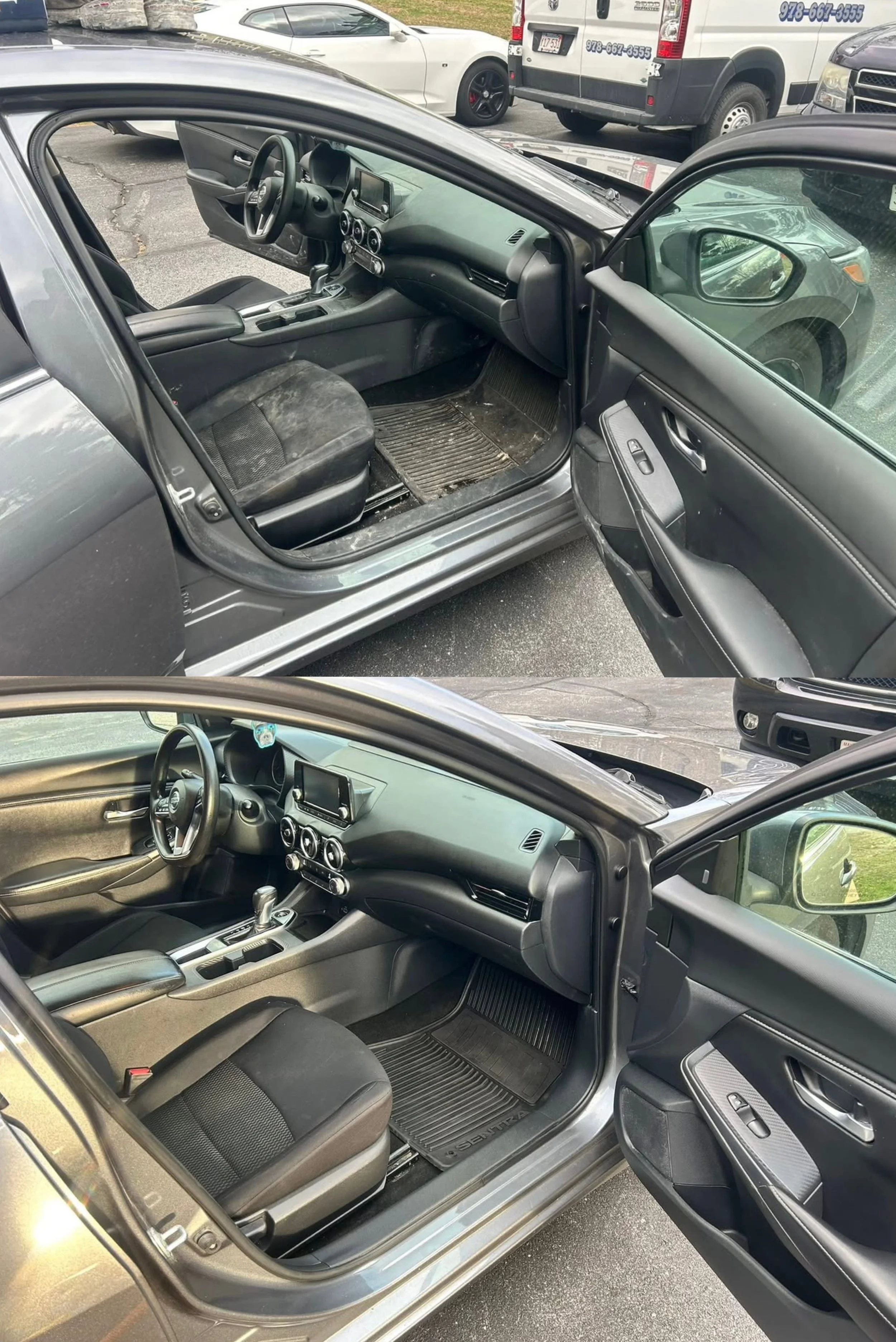 Comparison of two car interiors showing the same vehicle before and after cleaning; the top image shows a dirty interior with dust, dirt, and mud on the seats and floor mats, while the bottom image shows a clean interior with a tidy black dashboard, seats, and spotless floor mats.
