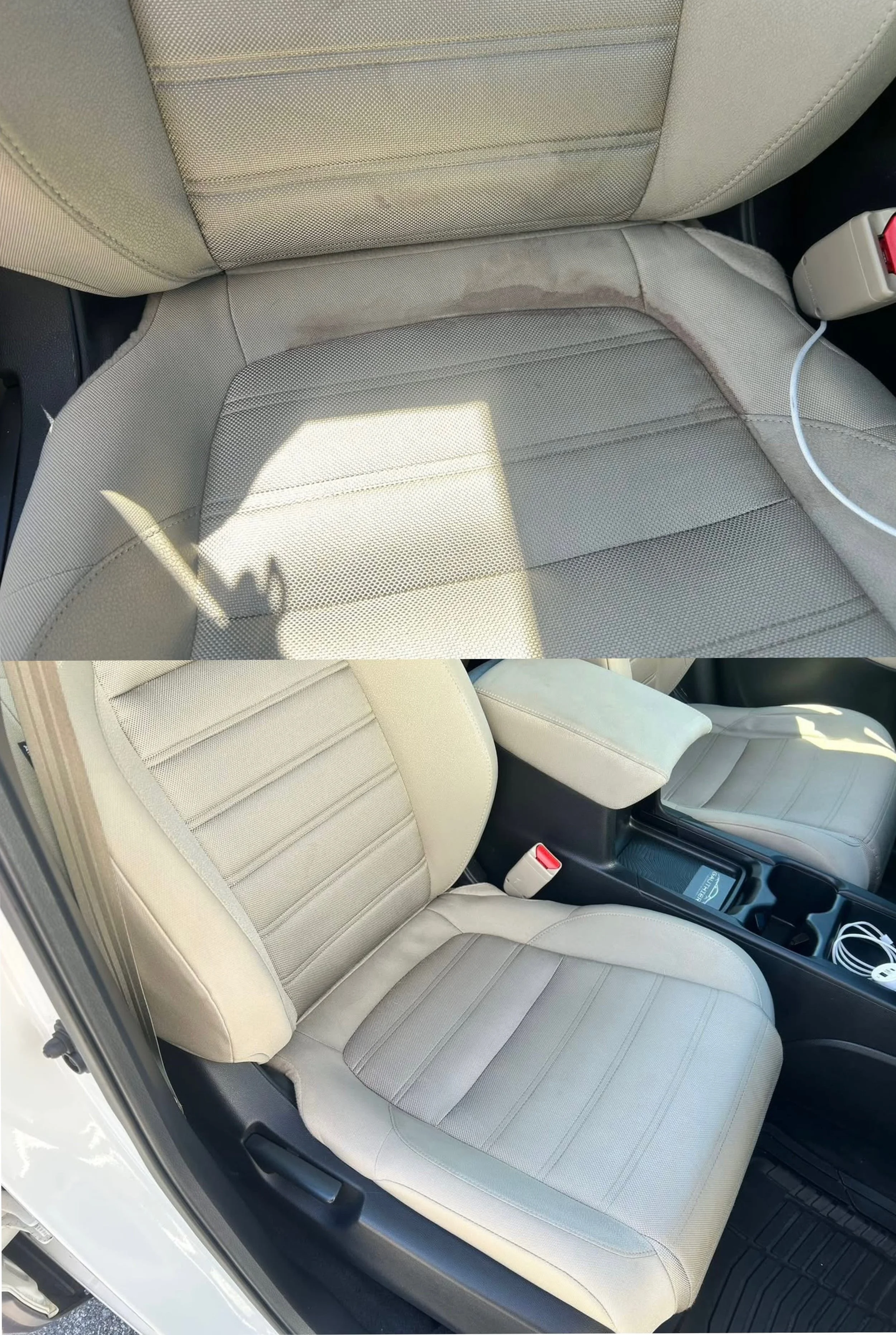 Before-and-after comparison of a car seat's upholstery, showing a stained and dirty seat in the top image and a clean, well-maintained seat in the bottom image.
