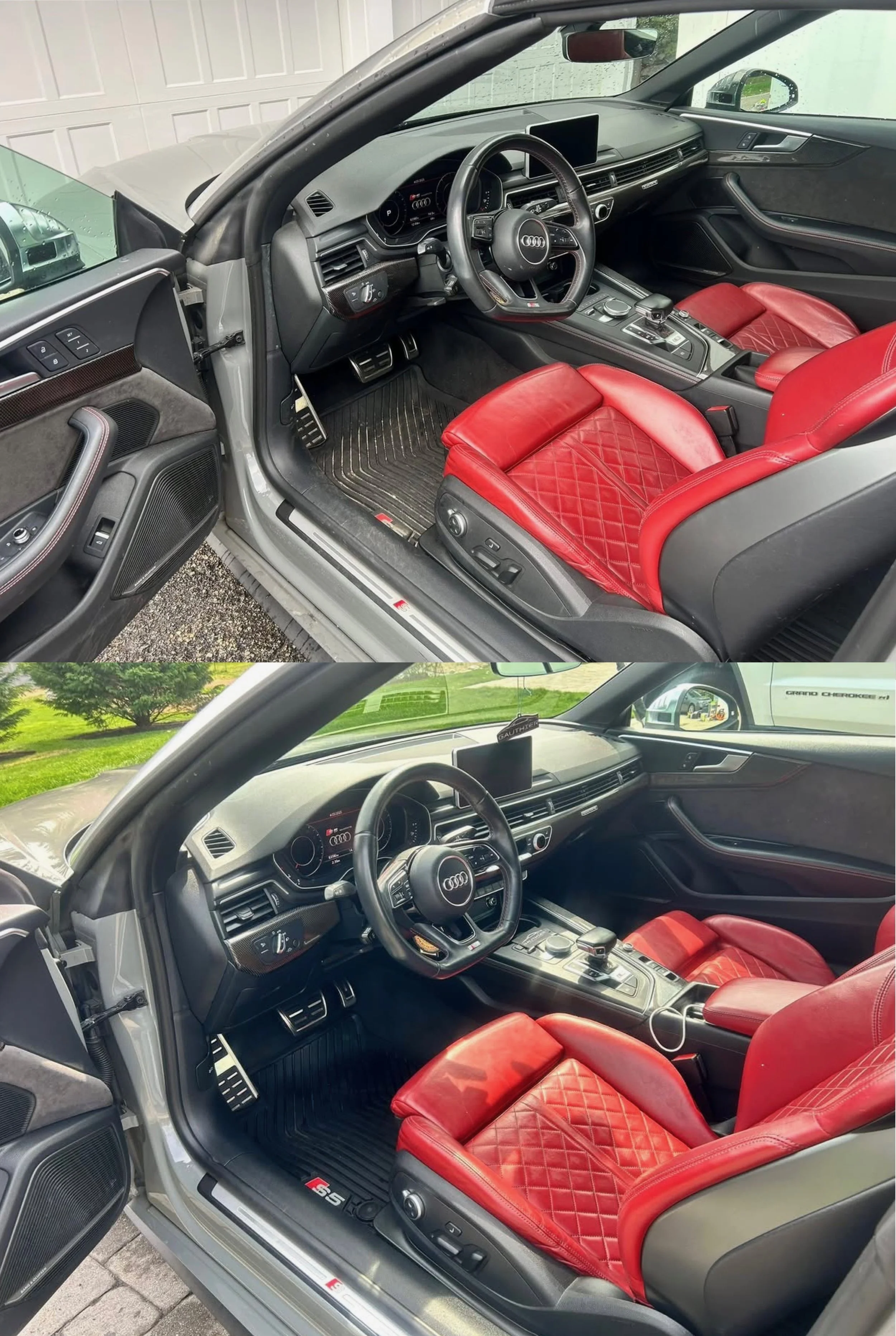 Two images of the interior of an Audi vehicle, featuring black dashboards, steering wheels, and red leather quilted seats.