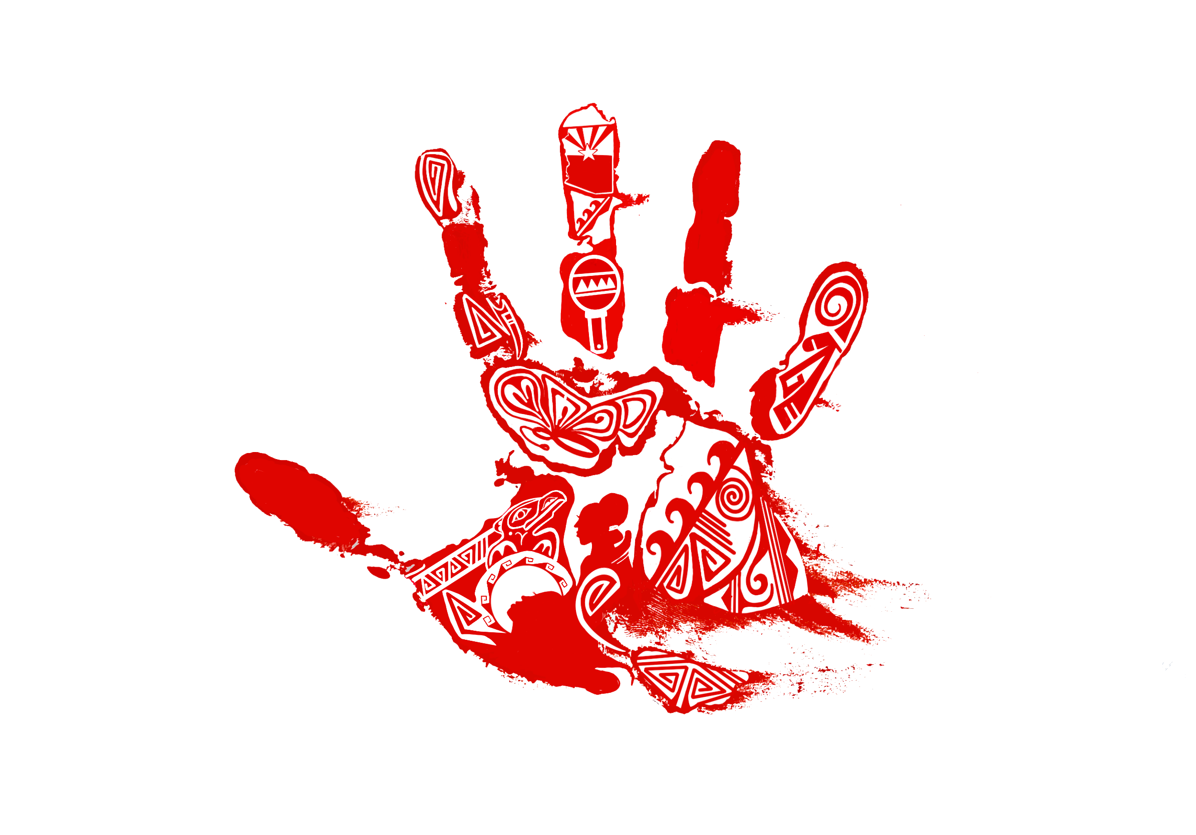 A red handprint filled with tribal patterns and designs on a black background.