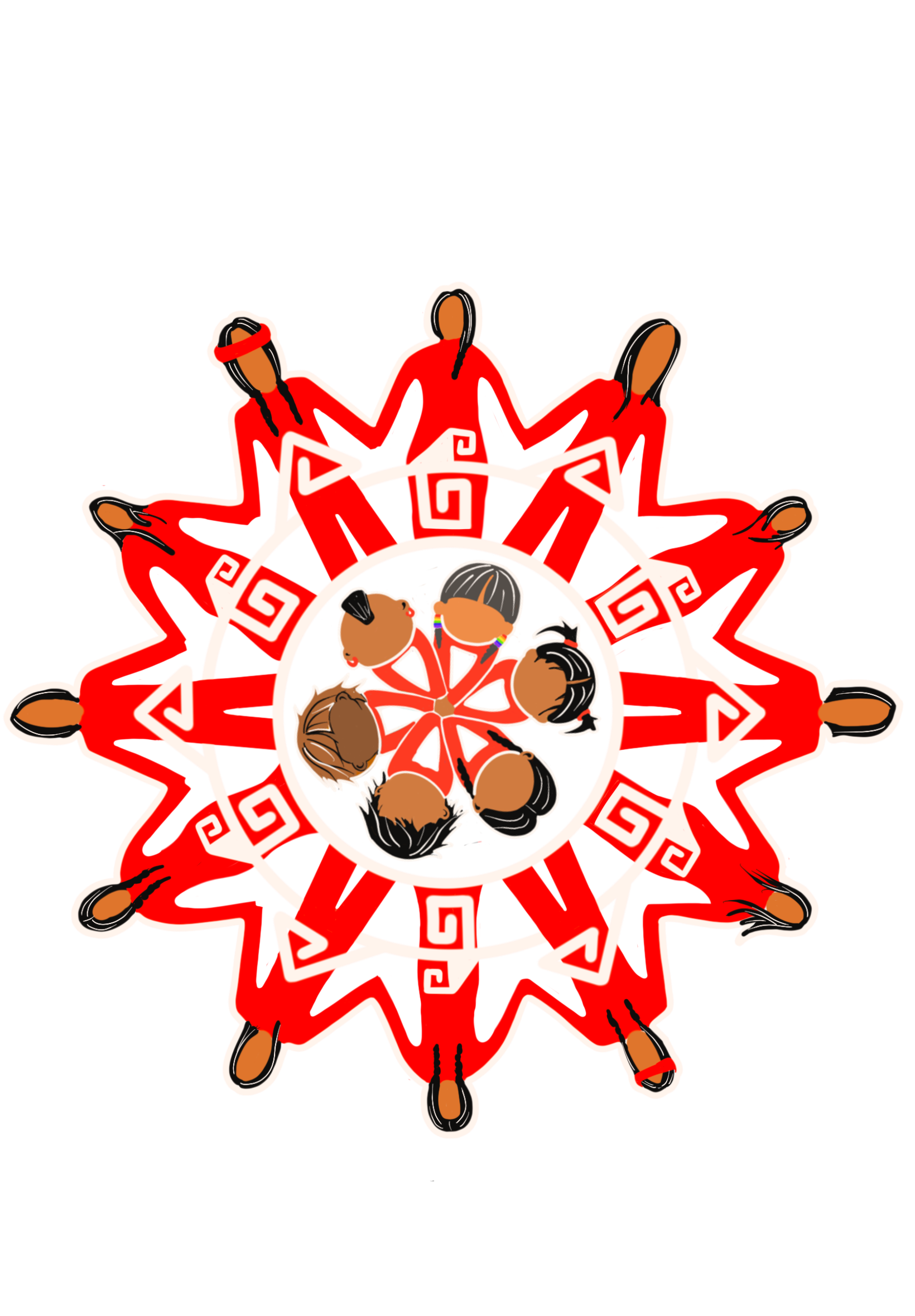 A digital illustration of children dressed in red traditional clothing, sitting in a circle, holding hands, and engaged in a cultural or dance activity, with a decorative red and white patterned border.