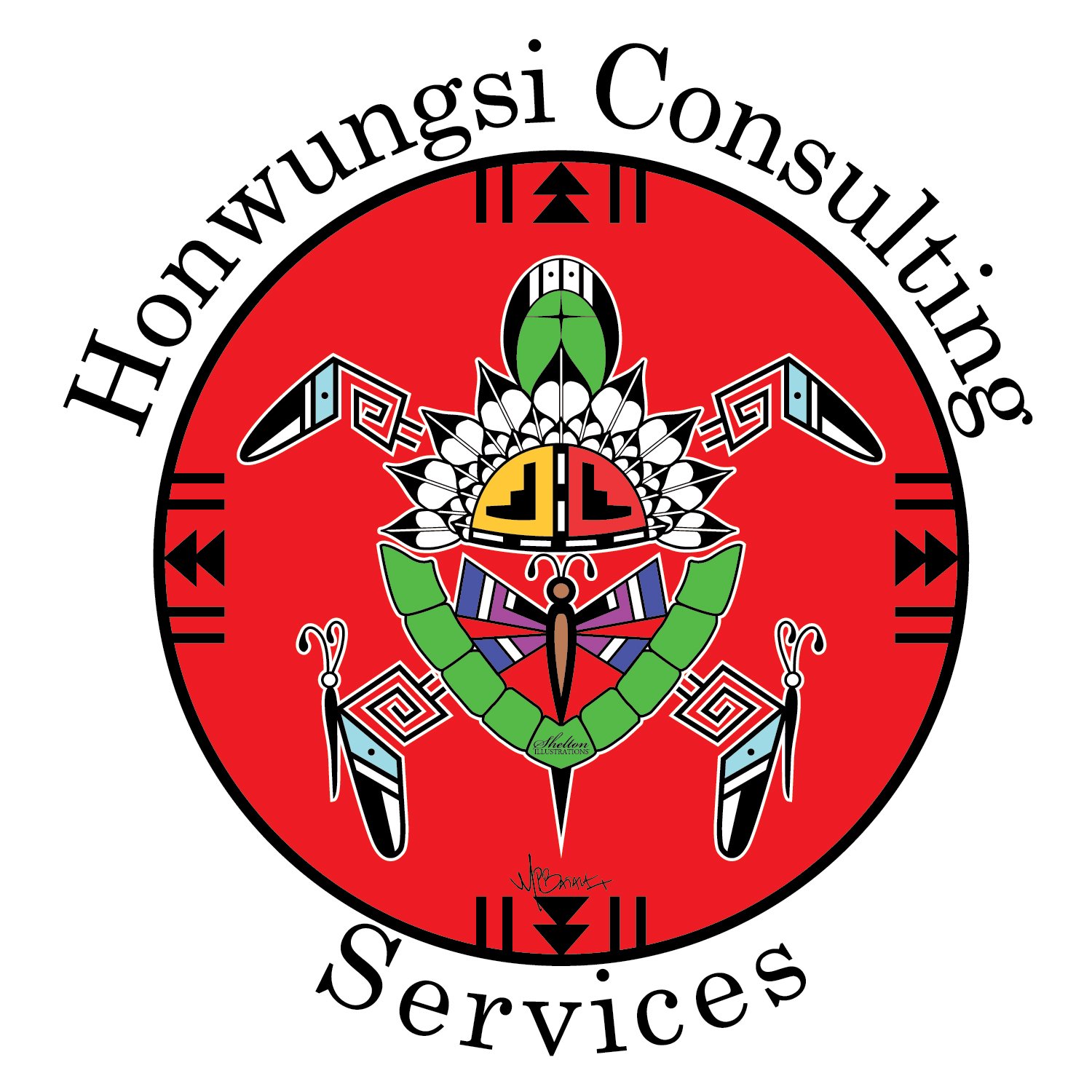 Circular logo for Hoon Wungsi Consulting Services featuring a colorful, symmetrical Indigenous design with feathers, leaves, and geometric patterns in black, red, green, yellow, and blue, with the company's name arched around the top of the circle.