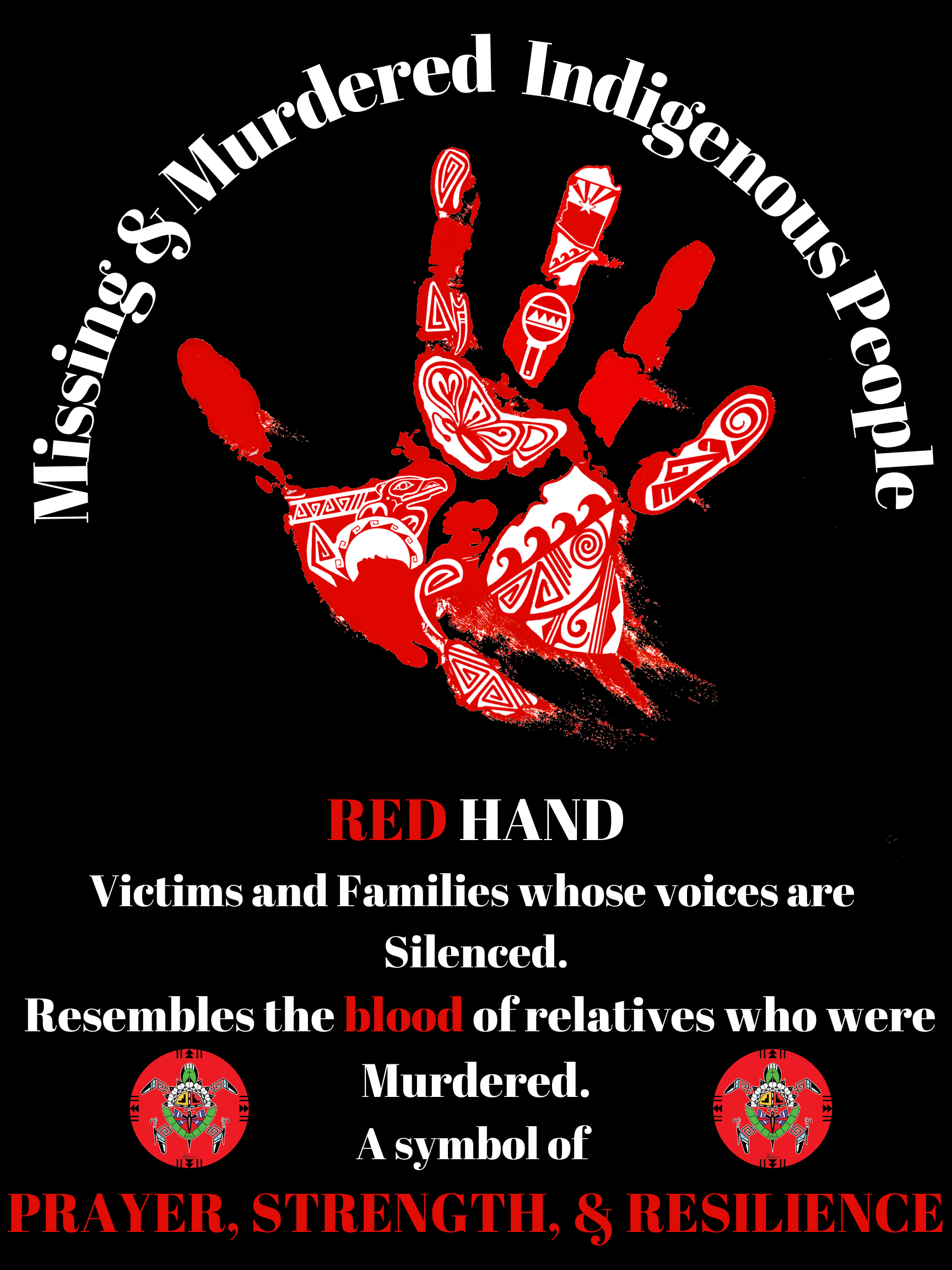 A red stylized hand with tribal patterns and textures, with the thumb and pinky extended, representing the Red Hand of Murdered Indigenous Peoples. Surrounding the hand is white text reading 'Murdered Indigenous Peoples.' Below the hand in bold red and white text is 'RED HAND.' Additional text describes that victims and families who are silenced resemble the blood of relatives who were murdered, with symbols of Indigenous art at the bottom.