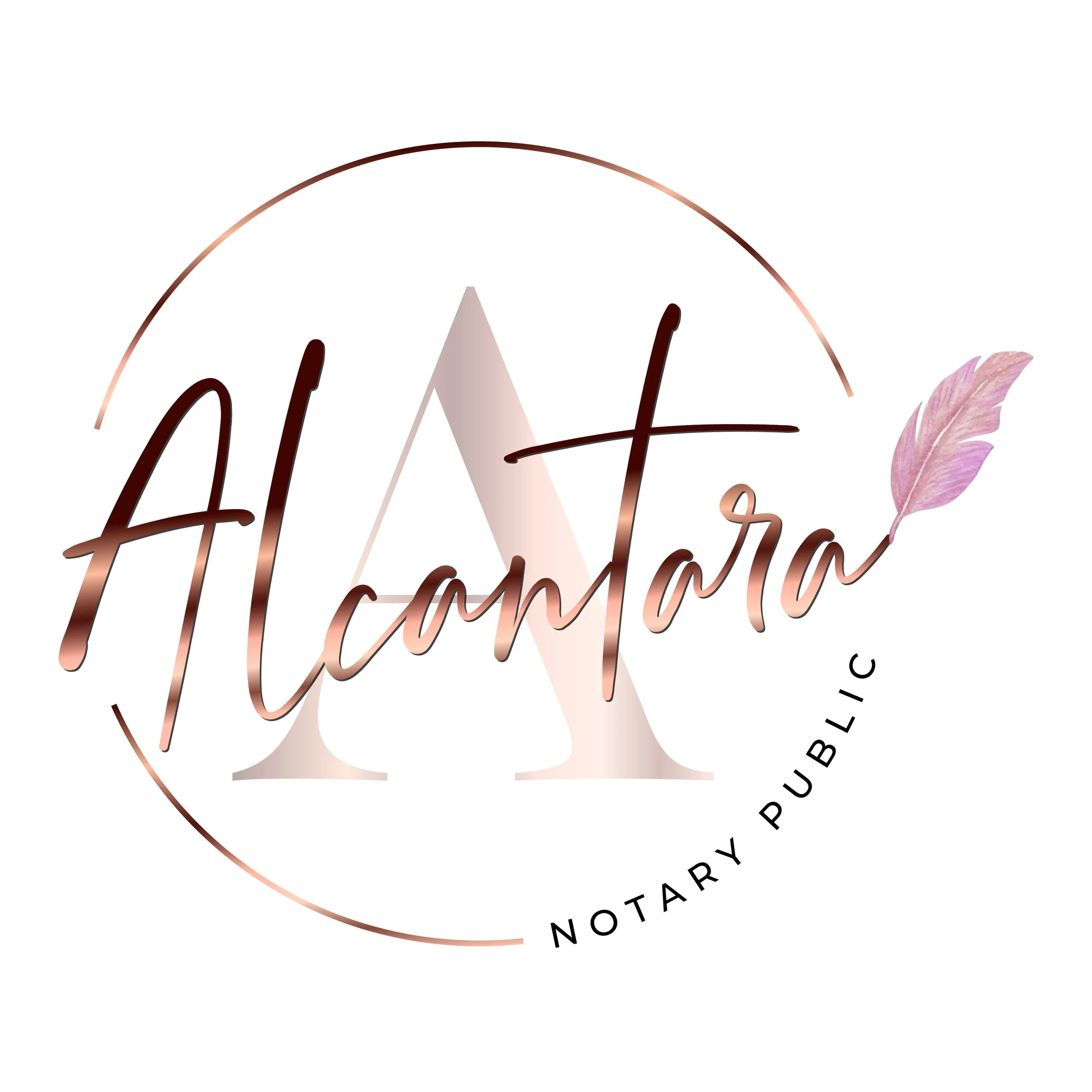 Elegant logo for Alcantara Notary Public with stylized script, a large letter 'A', and a feather accent.
