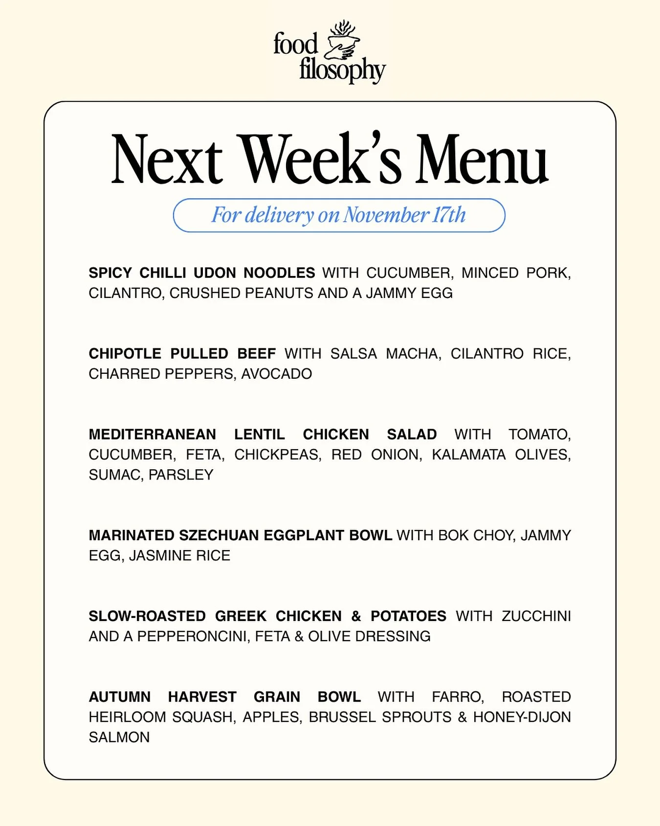 New menu for next week&rsquo;s meal delivery (nov 17th) is live! Place your order through the link in our bio 🌀🌀🌀

#vancouvermealprep #vancouvermealdelivery #vancouvermealservice #vancouverpersonalchef #mealprep #vancouverfood