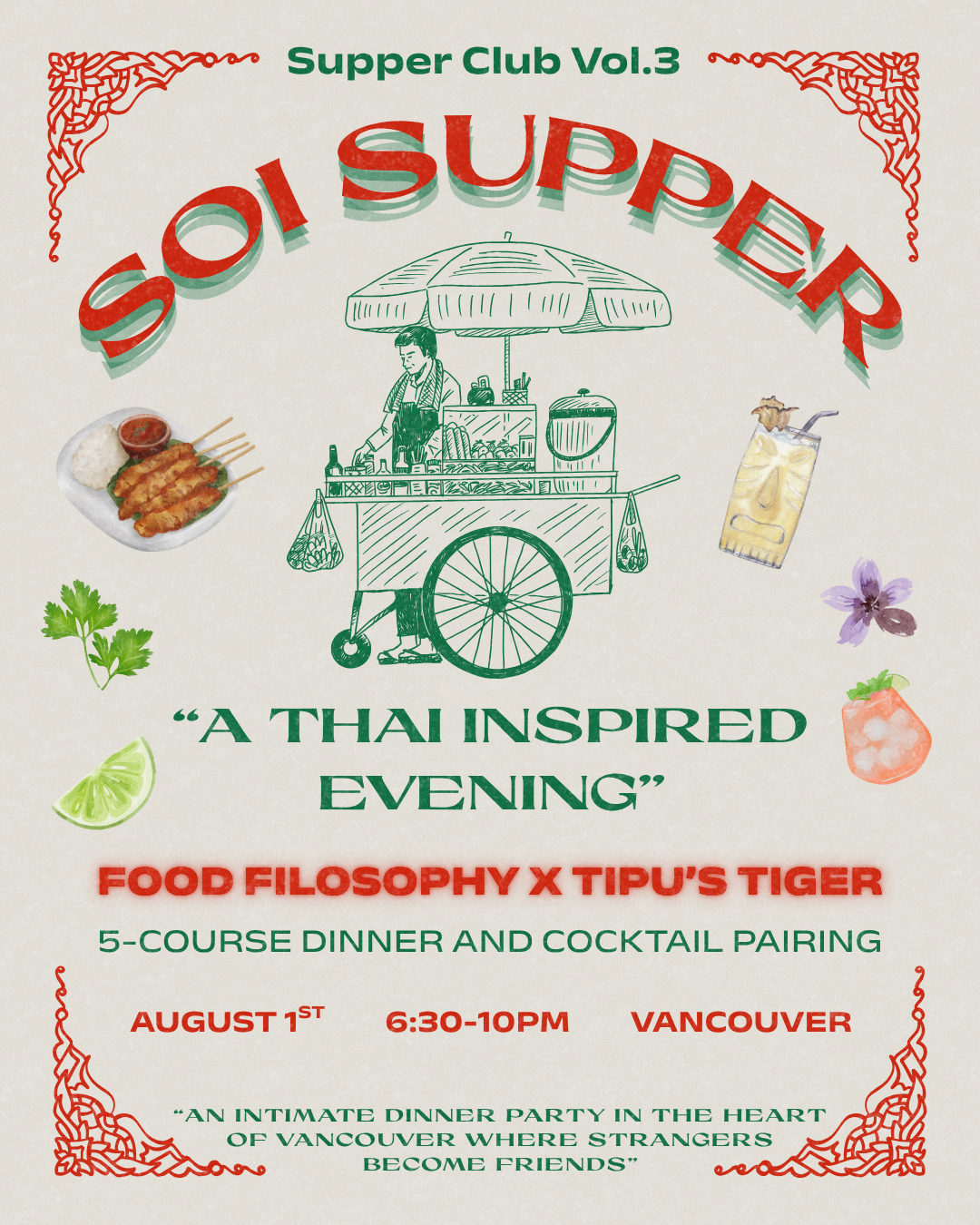 Event poster for Supper Club Vol.3 titled 'Sol Supper,' a Thai-inspired evening with food and cocktails, scheduled for August 1st from 6:30 to 10 PM in Vancouver. Features include a food cart illustration, small images of food, drink, lime, herbs, and decorative corner designs.