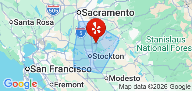 Map showing Sacramento, Stockton, San Francisco, Santa Rosa, and Fremont in California. Highlighted area around Stockton with a red Yelp icon.
