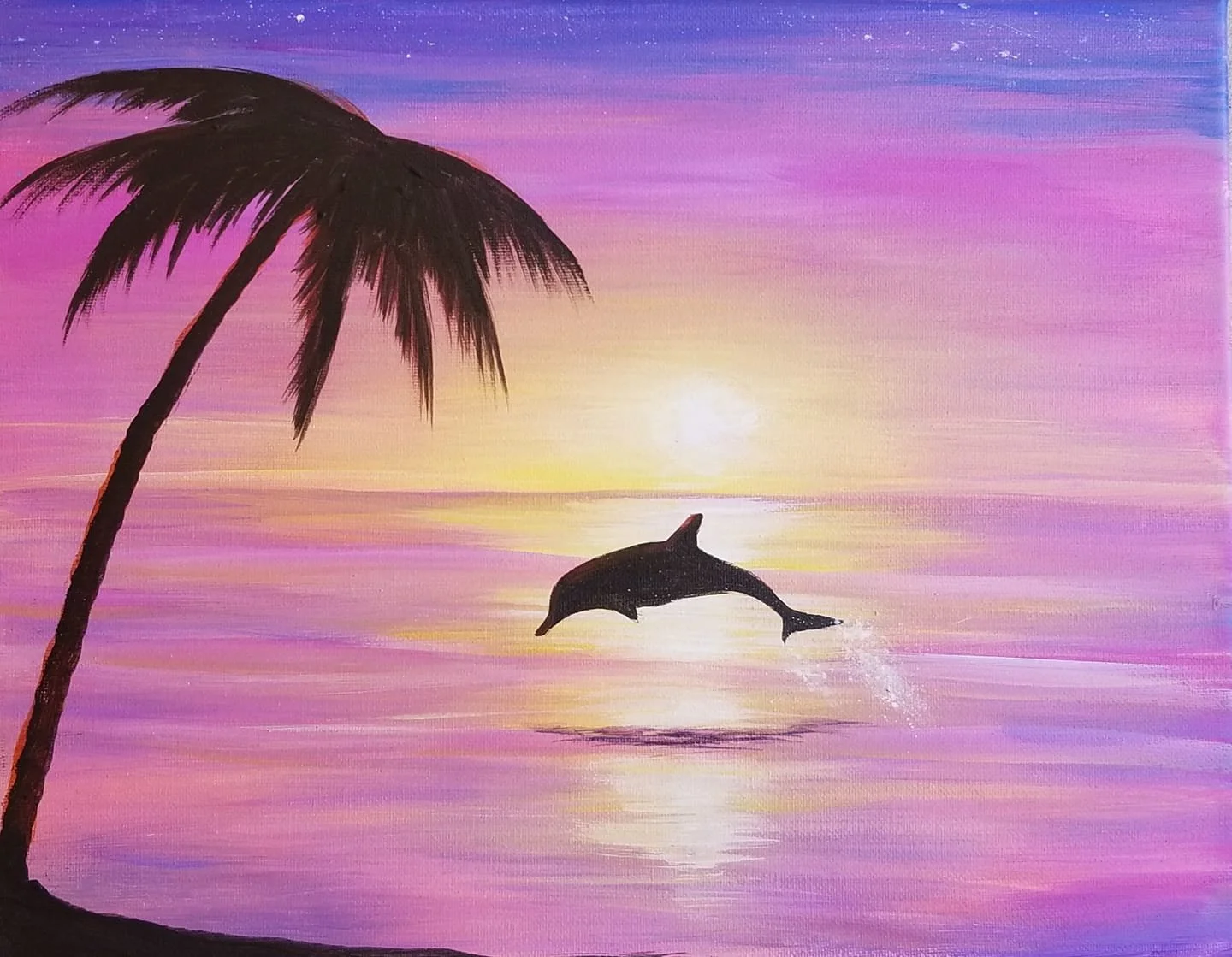 A tropical sunset scene with a black palm tree on the left, a dolphin jumping out of pink and purple water, and the sun setting on the horizon in a sky painted with pink, purple, and yellow hues.