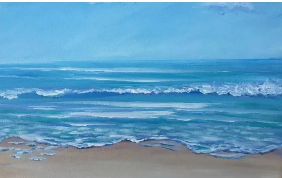 Painting of a beach with blue ocean waves and sandy shore under a clear sky.