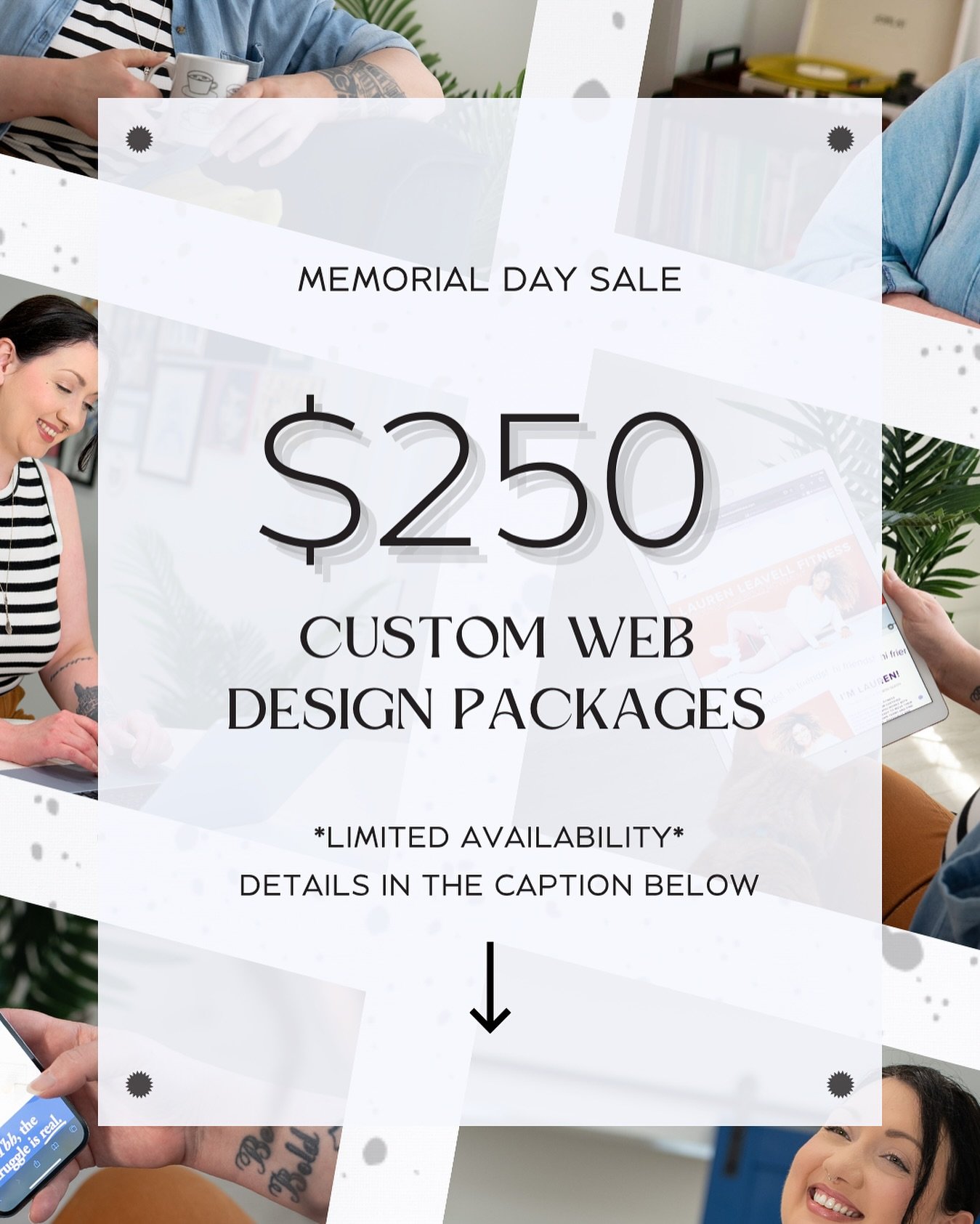 MEMORIAL DAY SALE IS LIVE 🎉

 ⚡️$250 CUSTOM WEB DESIGN PACKAGES⚡️

This SALE is for you if&hellip;.

👩🏻&zwj;💻 You're a solo creative with a Squarespace website and KNOW you need to get your sh*t together, but have been putting it off (I'm looking