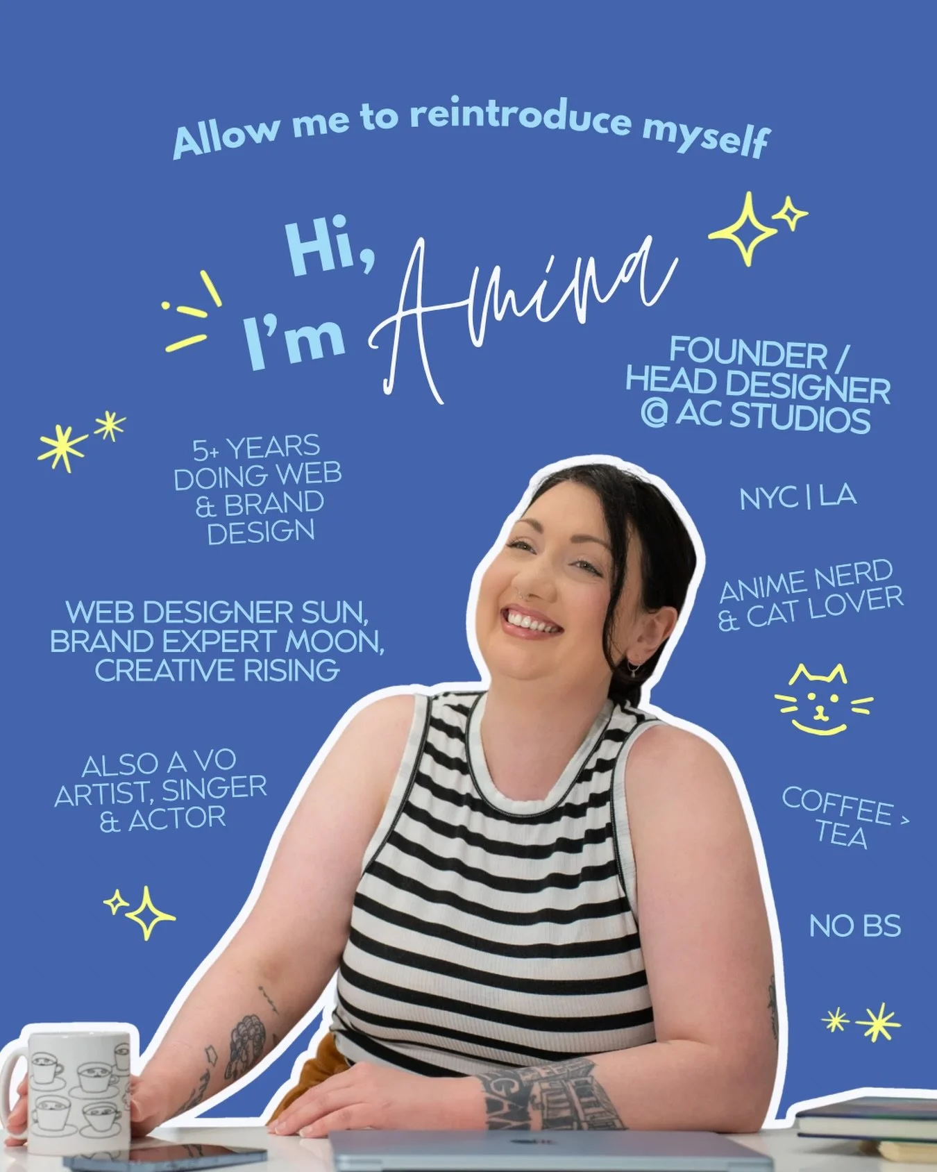 Oh hi, it's me, Amina - Founder &amp; Head Designer here at AC Studios. 🙋🏻&zwj;♀️ We're back - AND with some new followers so... 

Allow me to reintroduce myself 🤝

I'm Amina, a multi-hyphenate creative specializing in Custom Squarespace Web Desig
