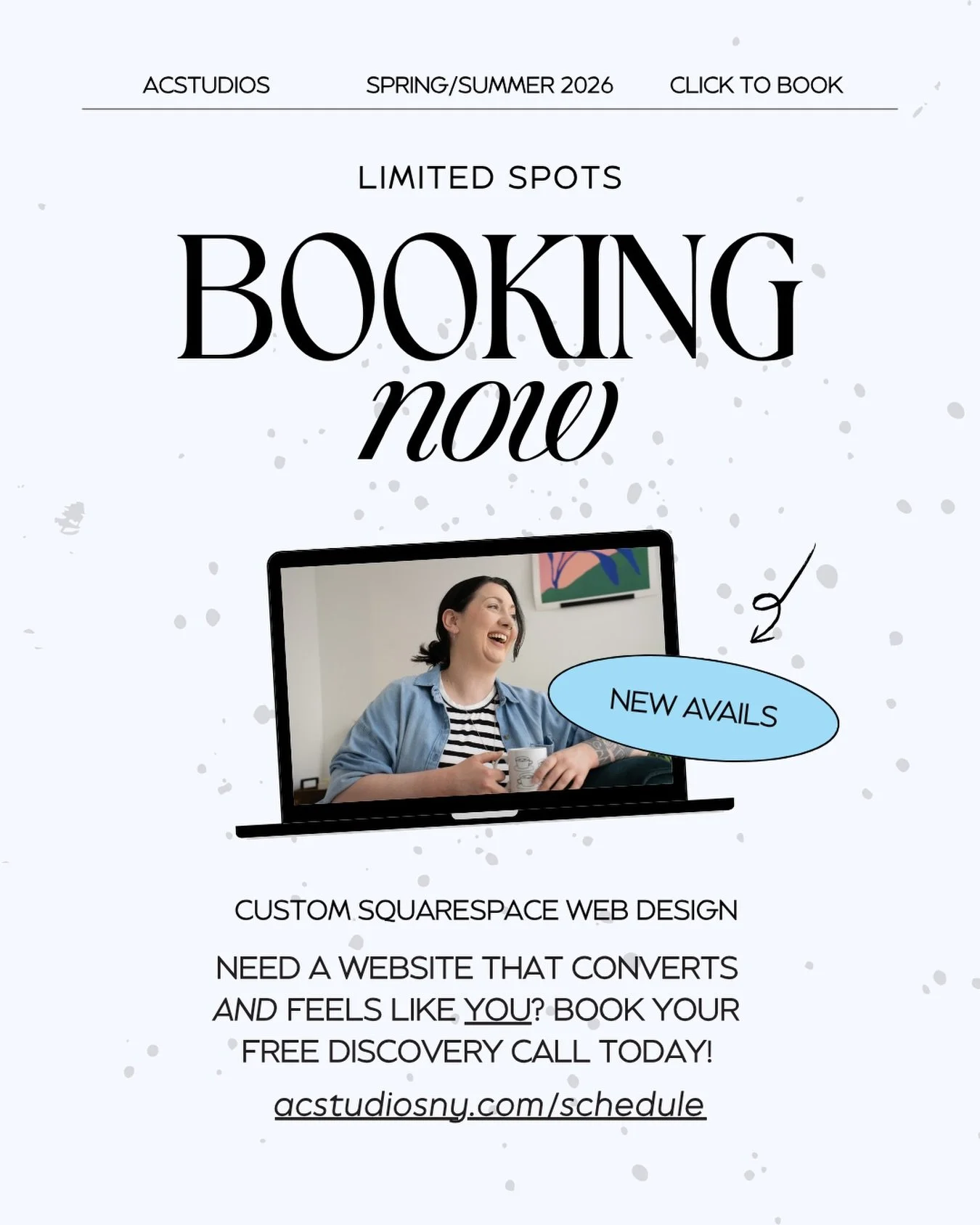 And we&rsquo;re back! Did you miss us?🥲

Books are open and we have room to take on just t̶w̶o̶ 𝓞𝓝𝓔 new Web Design client. Snatch em up (they go fast!) *Referrals welcome!

🗓️ Schedule your FREE DISCOVERY CALL TODAY:
https://www.acstudiosny.com/