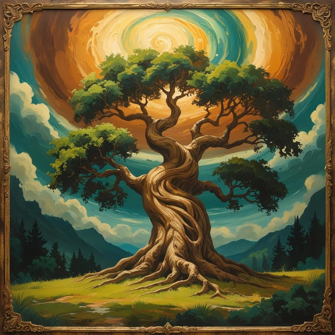A large, twisted tree with lush green leaves stands in a scenic landscape with mountains and a cloudy sky. The sky has swirling patterns of yellow, orange, and teal, creating a mystical atmosphere.