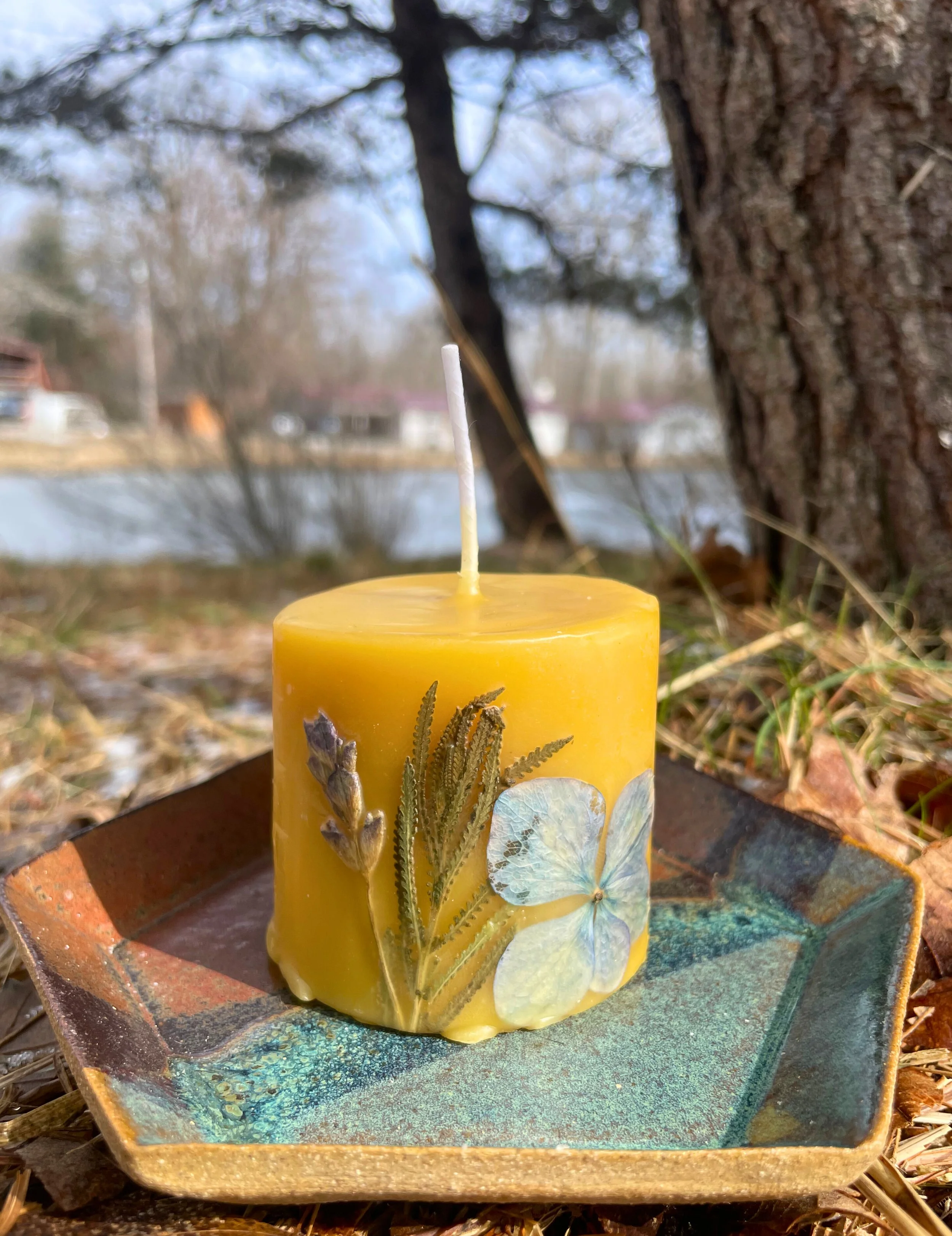 Short Beeswax Pillar Candle with Wildcrafted Botanicals