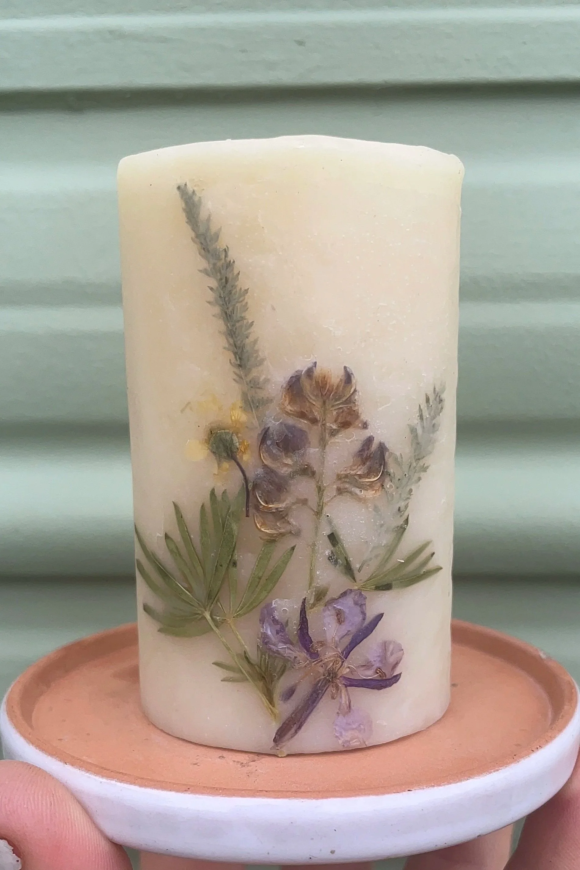 Small Ball White Beeswax Candle with Wildcrafted Botanicals