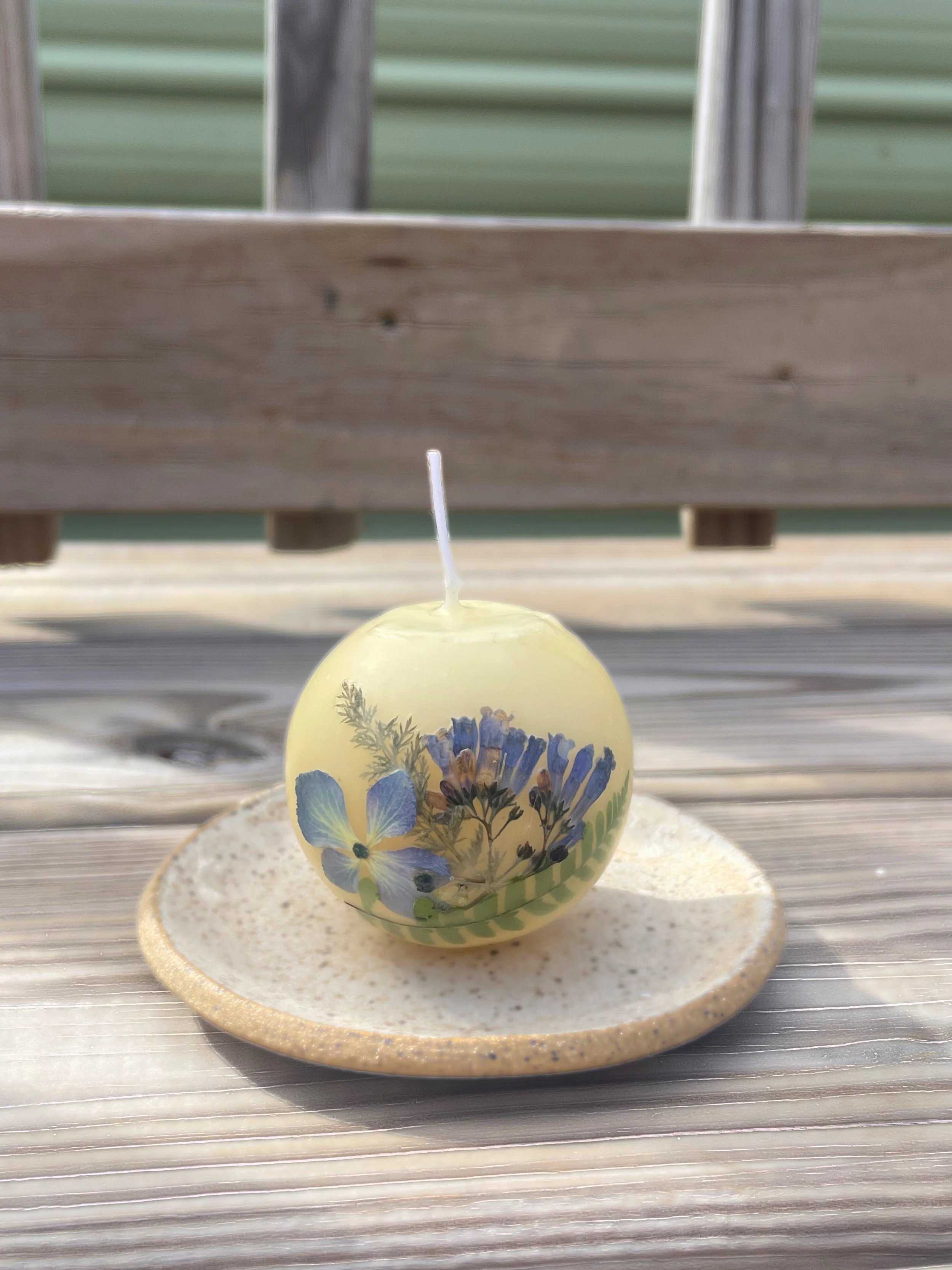 Small Ball White Beeswax Candle with Wildcrafted Botanicals