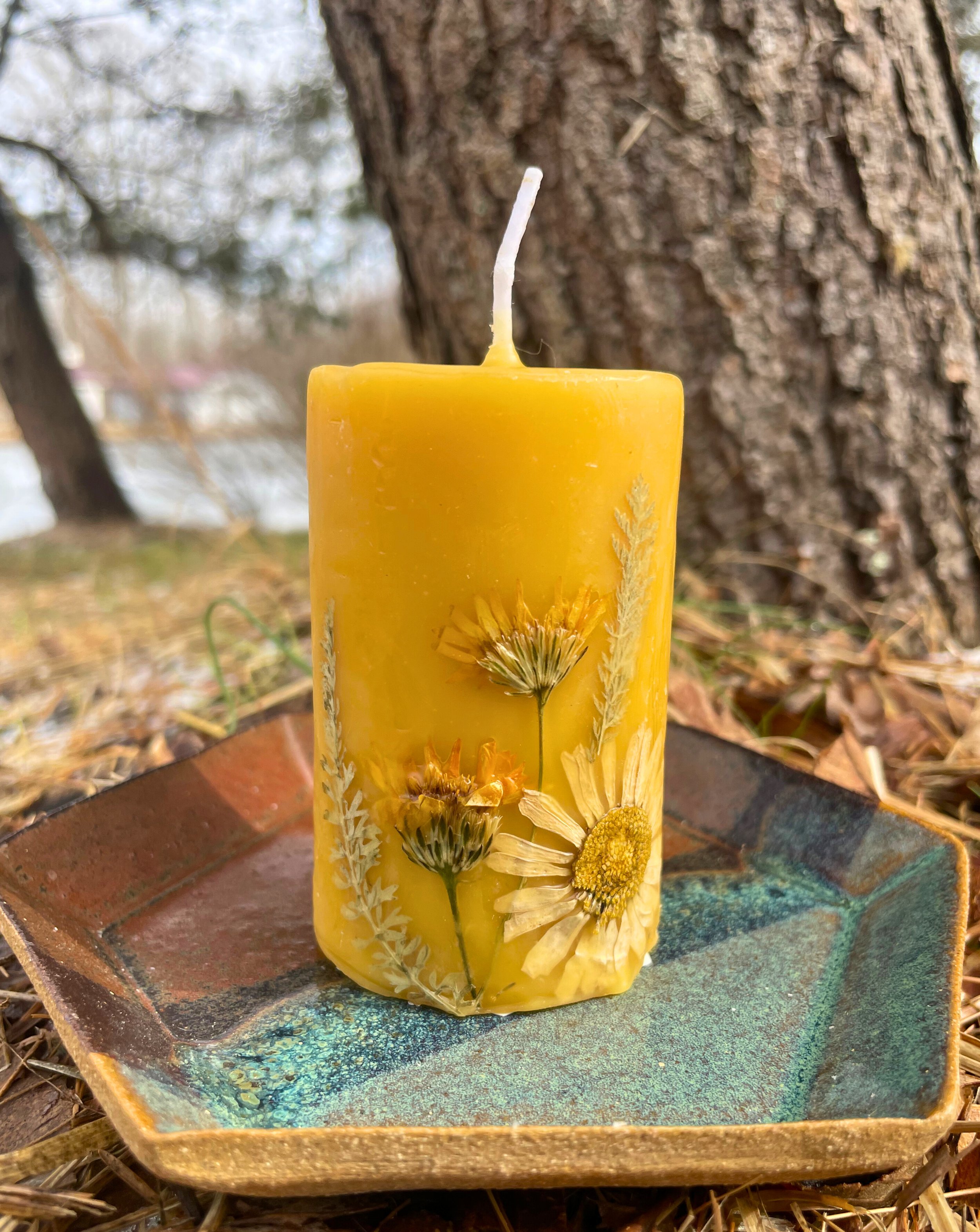 Small Beeswax Pillar Candle with Wildcrafted Botanicals