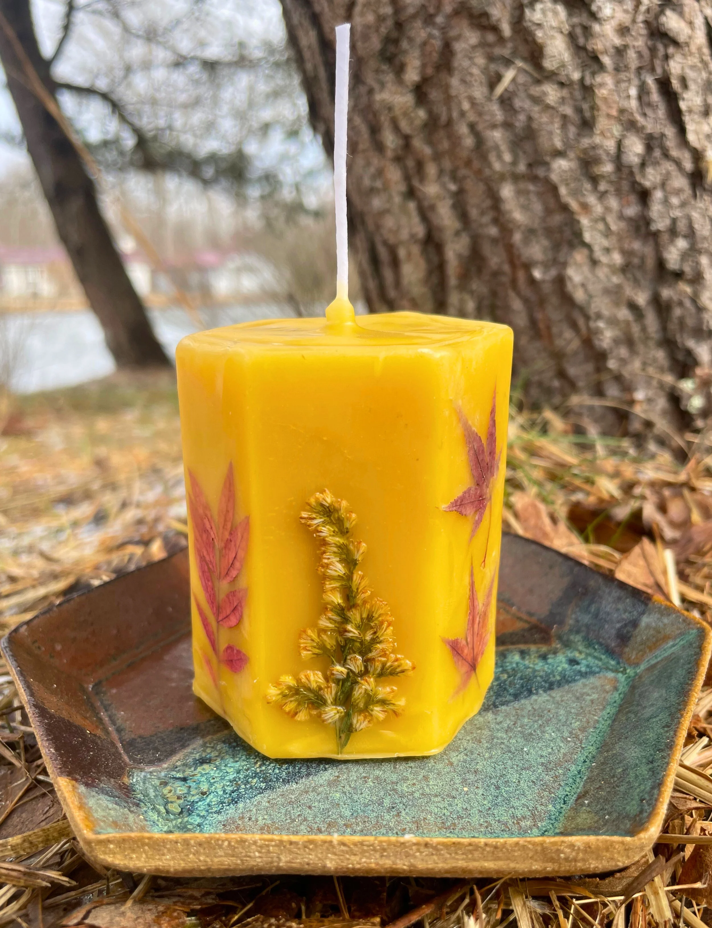 Hexagon Beeswax Pillar Candle with Wildcrafted Botanicals